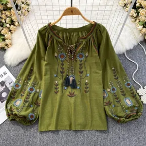 Women's O-Neck Loose Fit Embroidered Tops Loose Fit Casual Blouses Lantern Sleeve