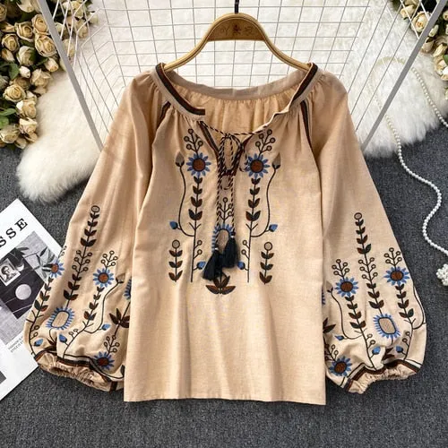 Women's O-Neck Loose Fit Embroidered Tops Loose Fit Casual Blouses Lantern Sleeve