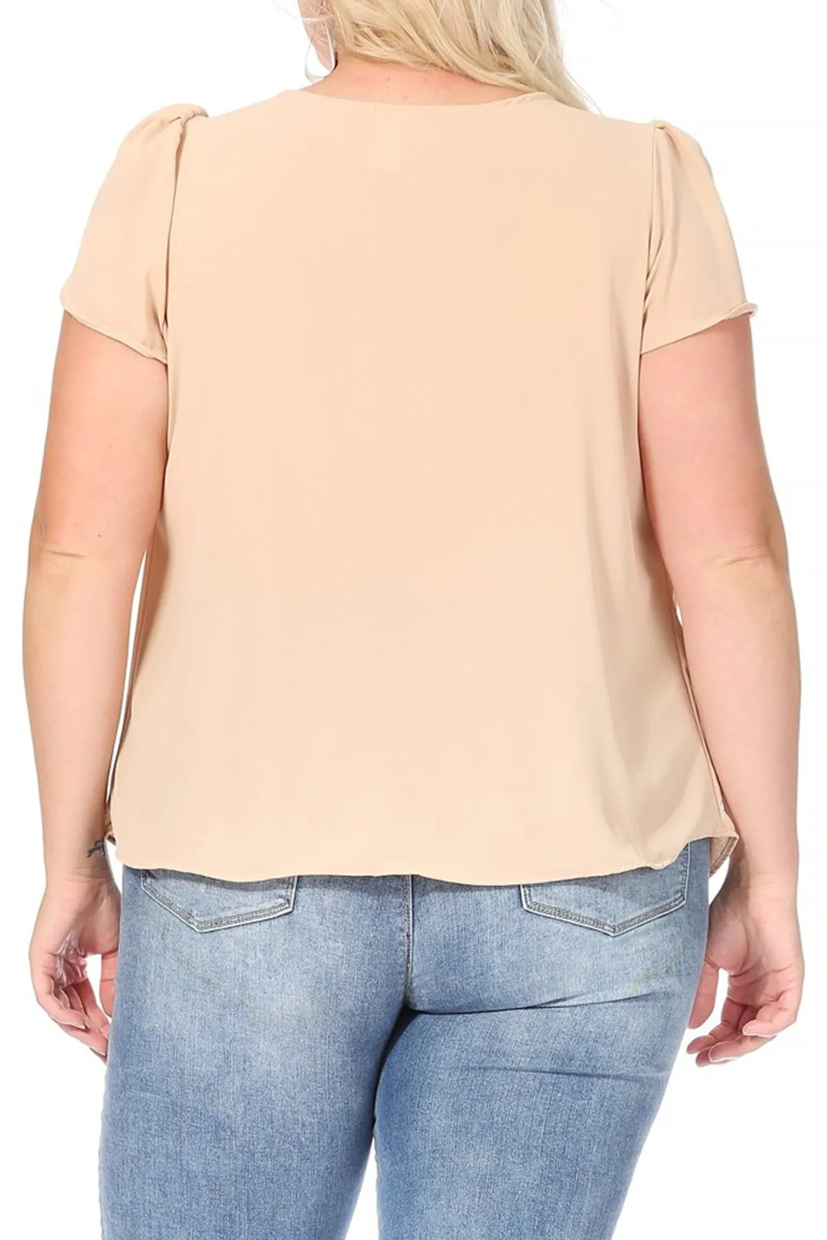 Women's Plus Size Casual Solid Pleated Front Petal Cap Sleeve Round Neck Tee Blouse Top