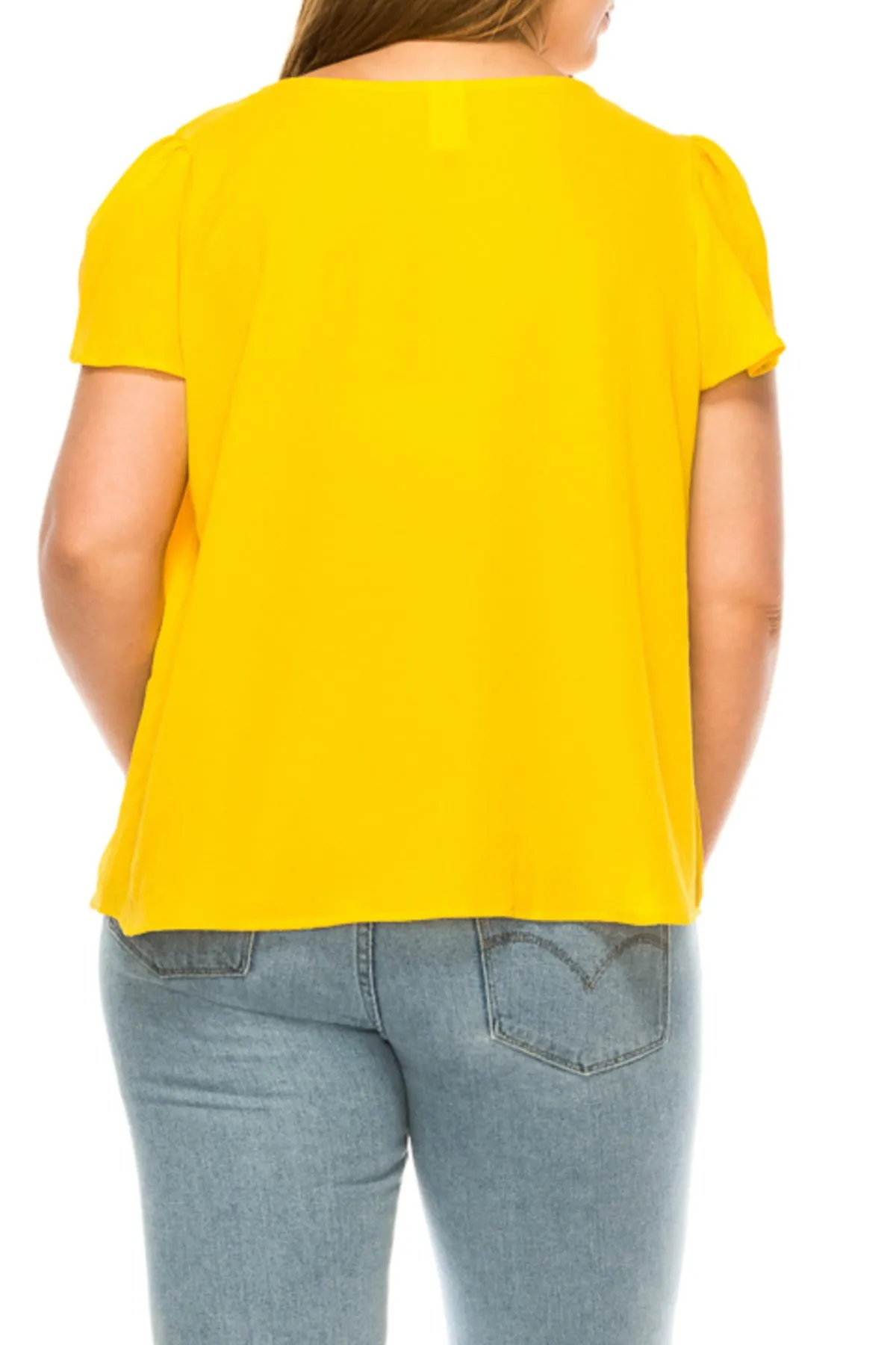 Women's Plus Size Casual Solid Pleated Front Petal Cap Sleeve Round Neck Tee Blouse Top