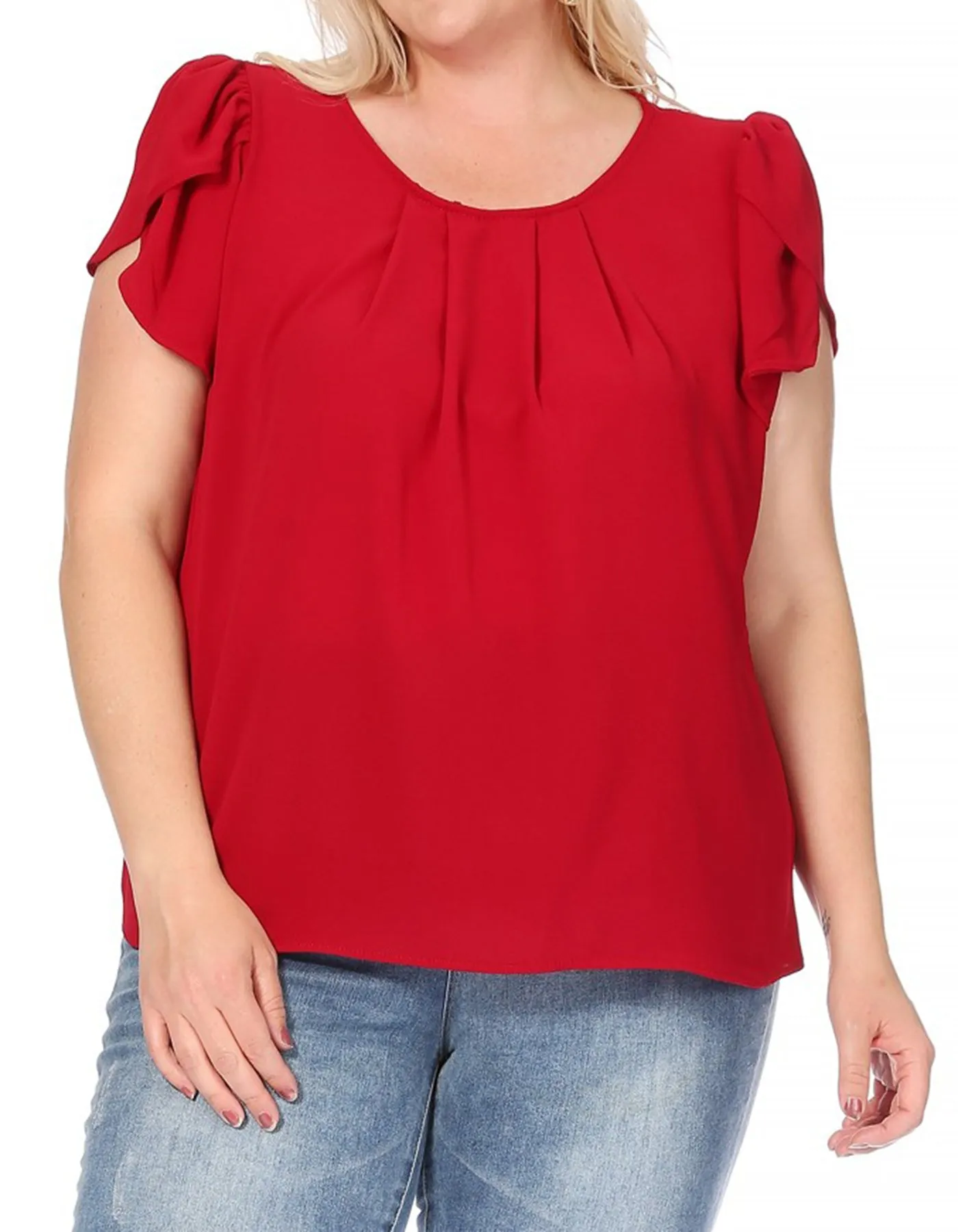 Women's Plus Size Casual Solid Pleated Front Petal Cap Sleeve Round Neck Tee Blouse Top