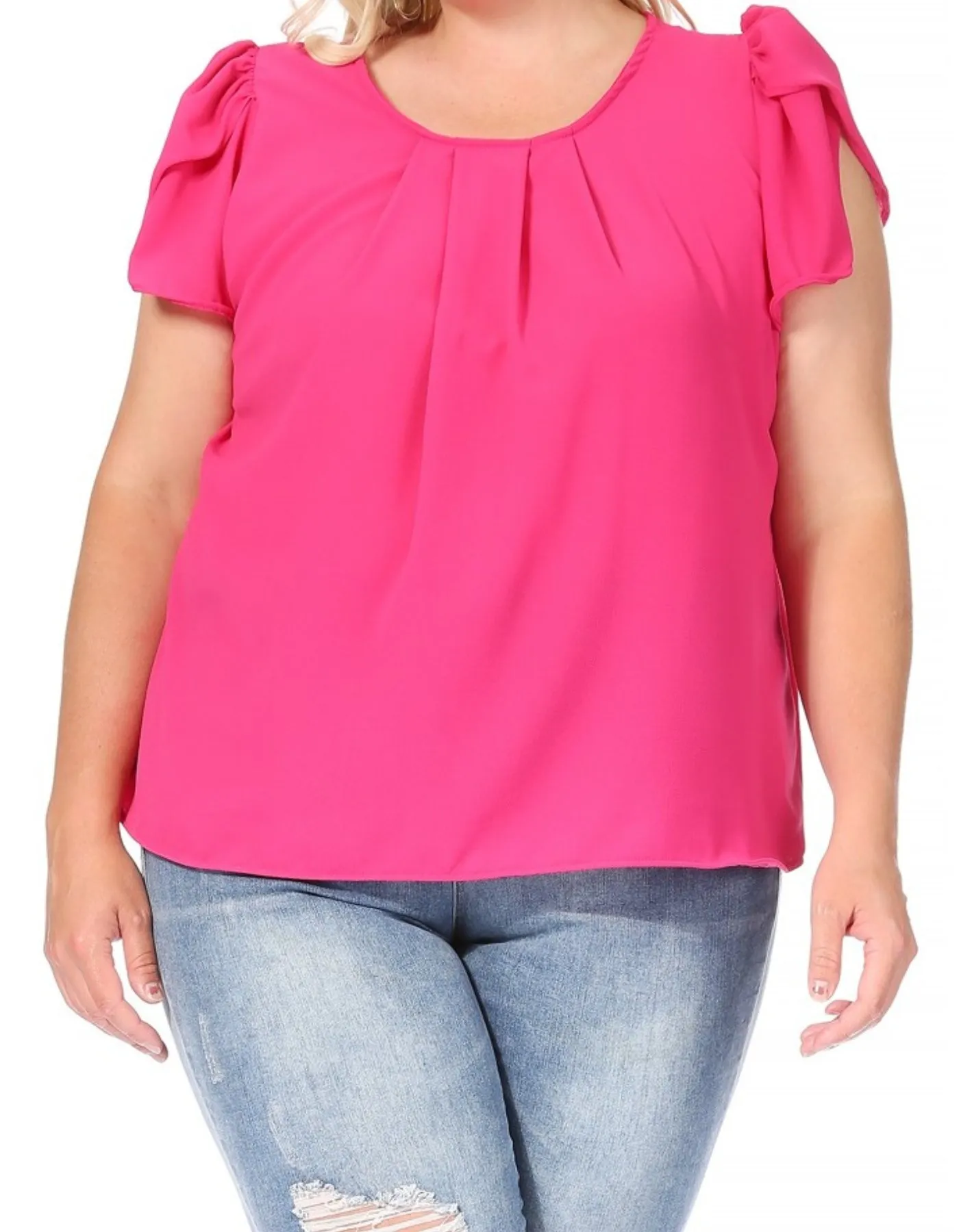 Women's Plus Size Casual Solid Pleated Front Petal Cap Sleeve Round Neck Tee Blouse Top