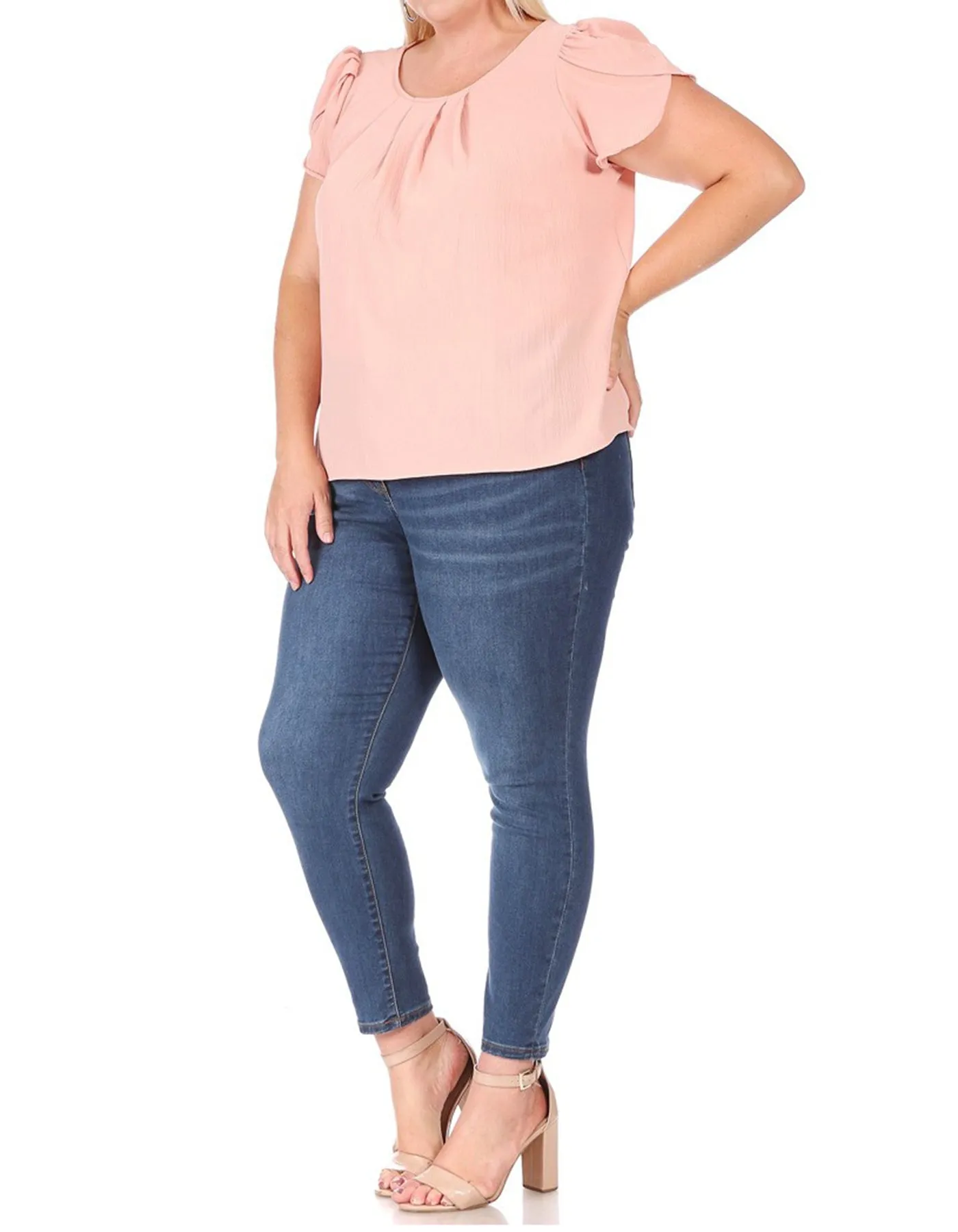 Women's Plus Size Casual Solid Pleated Front Petal Cap Sleeve Round Neck Tee Blouse Top