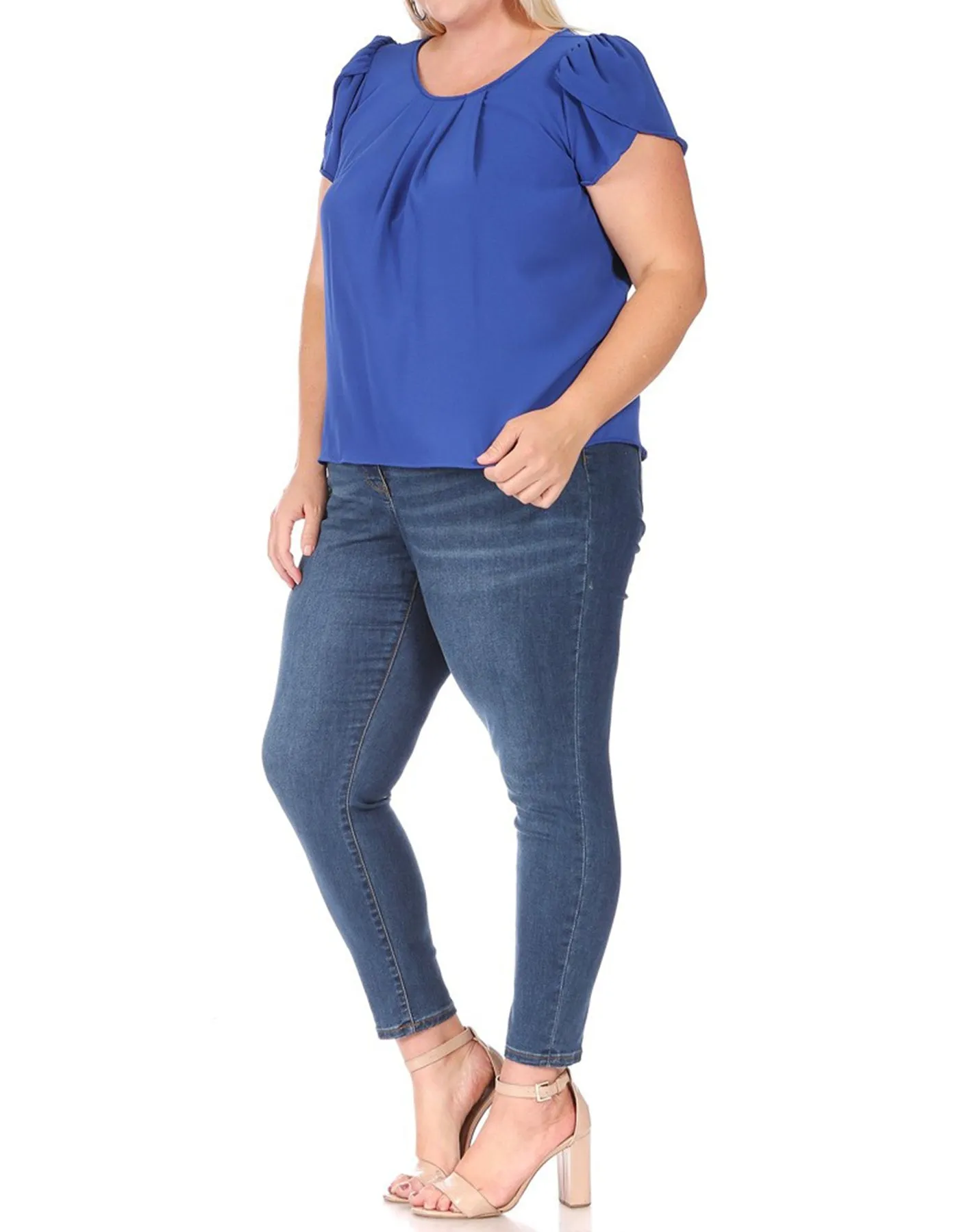 Women's Plus Size Casual Solid Pleated Front Petal Cap Sleeve Round Neck Tee Blouse Top