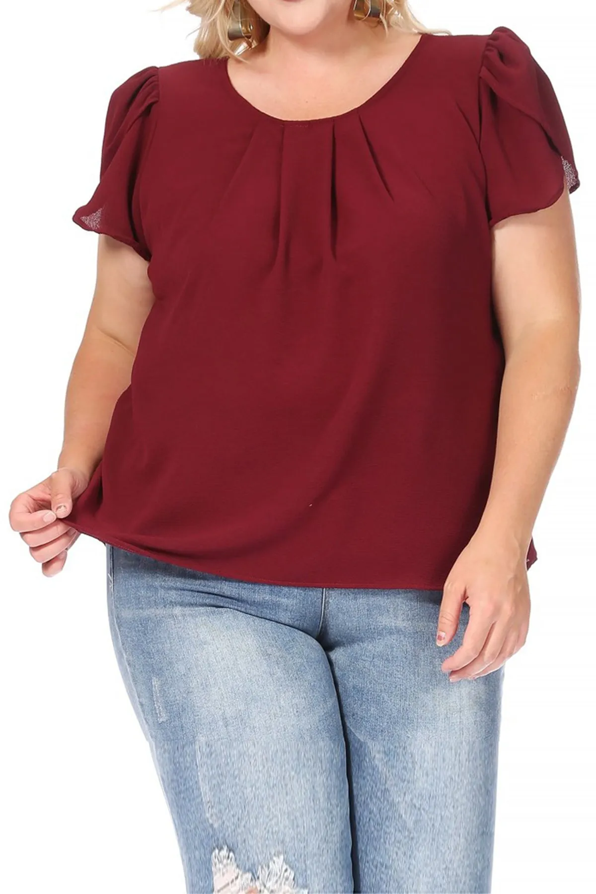 Women's Plus Size Casual Solid Pleated Front Petal Cap Sleeve Round Neck Tee Blouse Top