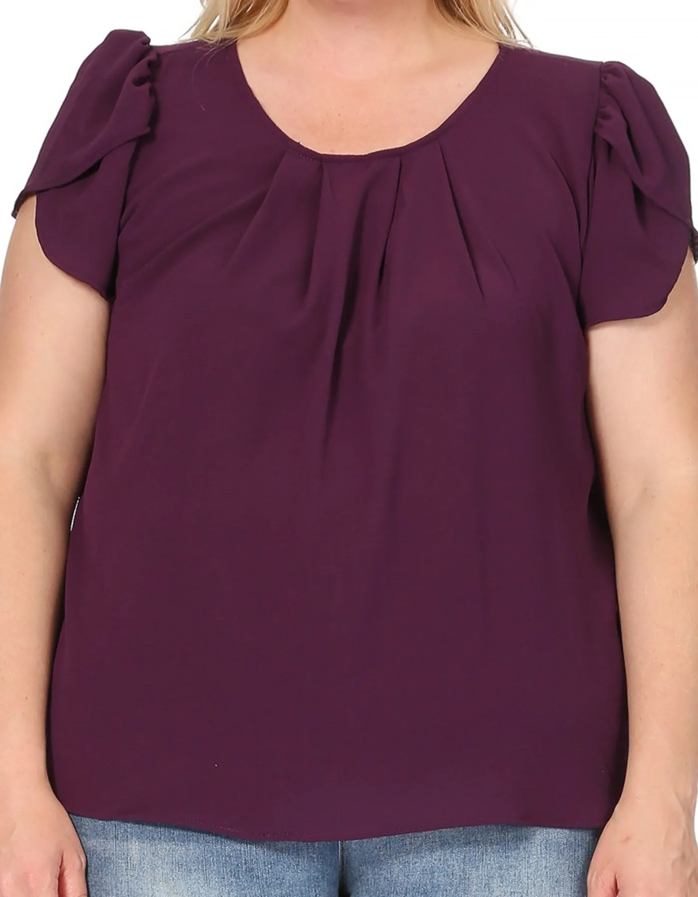 Women's Plus Size Casual Solid Pleated Front Petal Cap Sleeve Round Neck Tee Blouse Top