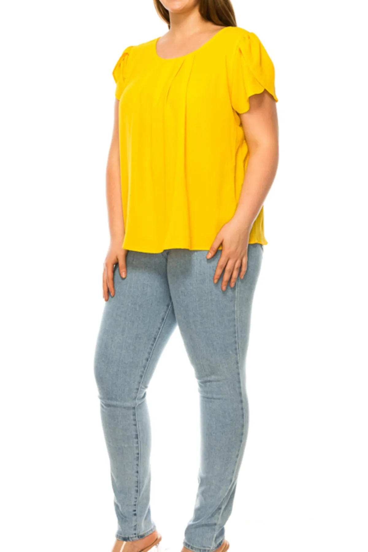 Women's Plus Size Casual Solid Pleated Front Petal Cap Sleeve Round Neck Tee Blouse Top