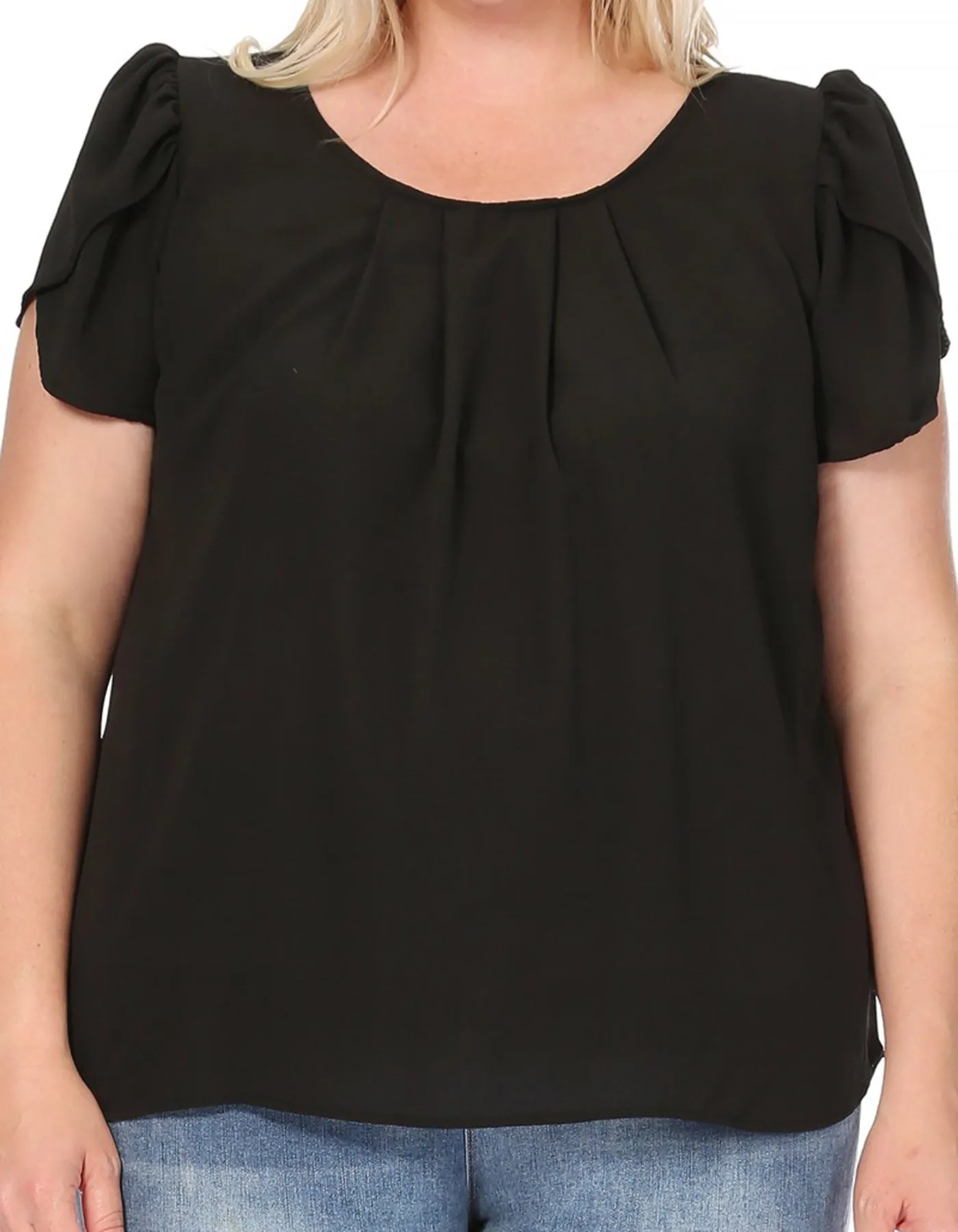 Women's Plus Size Casual Solid Pleated Front Petal Cap Sleeve Round Neck Tee Blouse Top