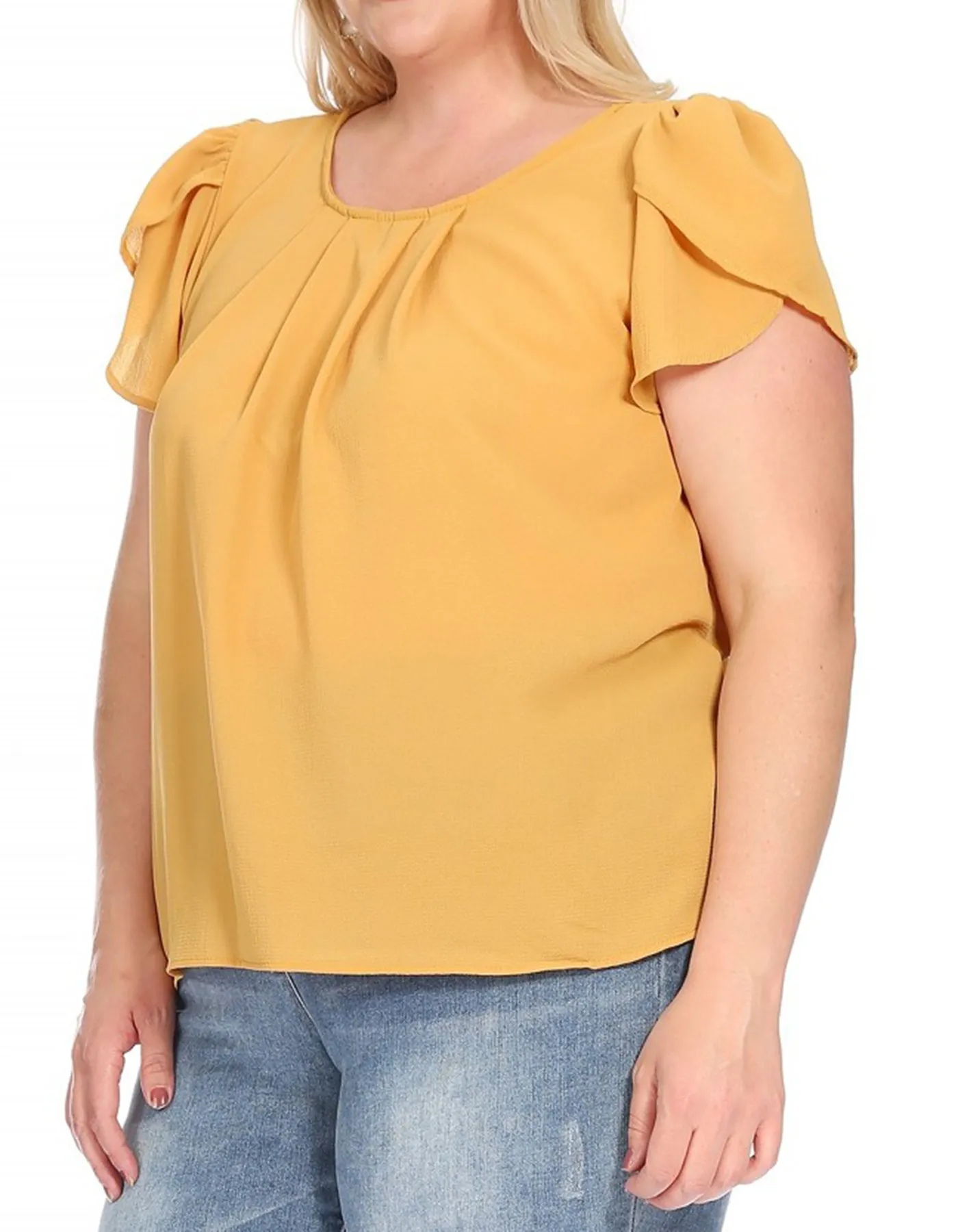 Women's Plus Size Casual Solid Pleated Front Petal Cap Sleeve Round Neck Tee Blouse Top