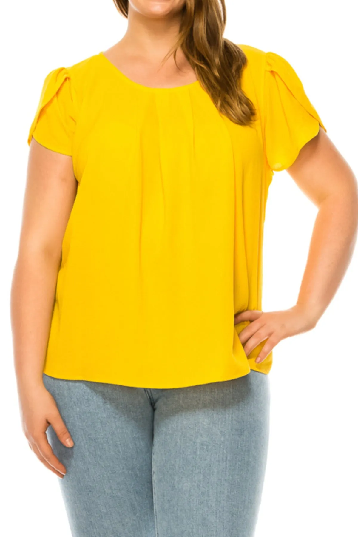 Women's Plus Size Casual Solid Pleated Front Petal Cap Sleeve Round Neck Tee Blouse Top