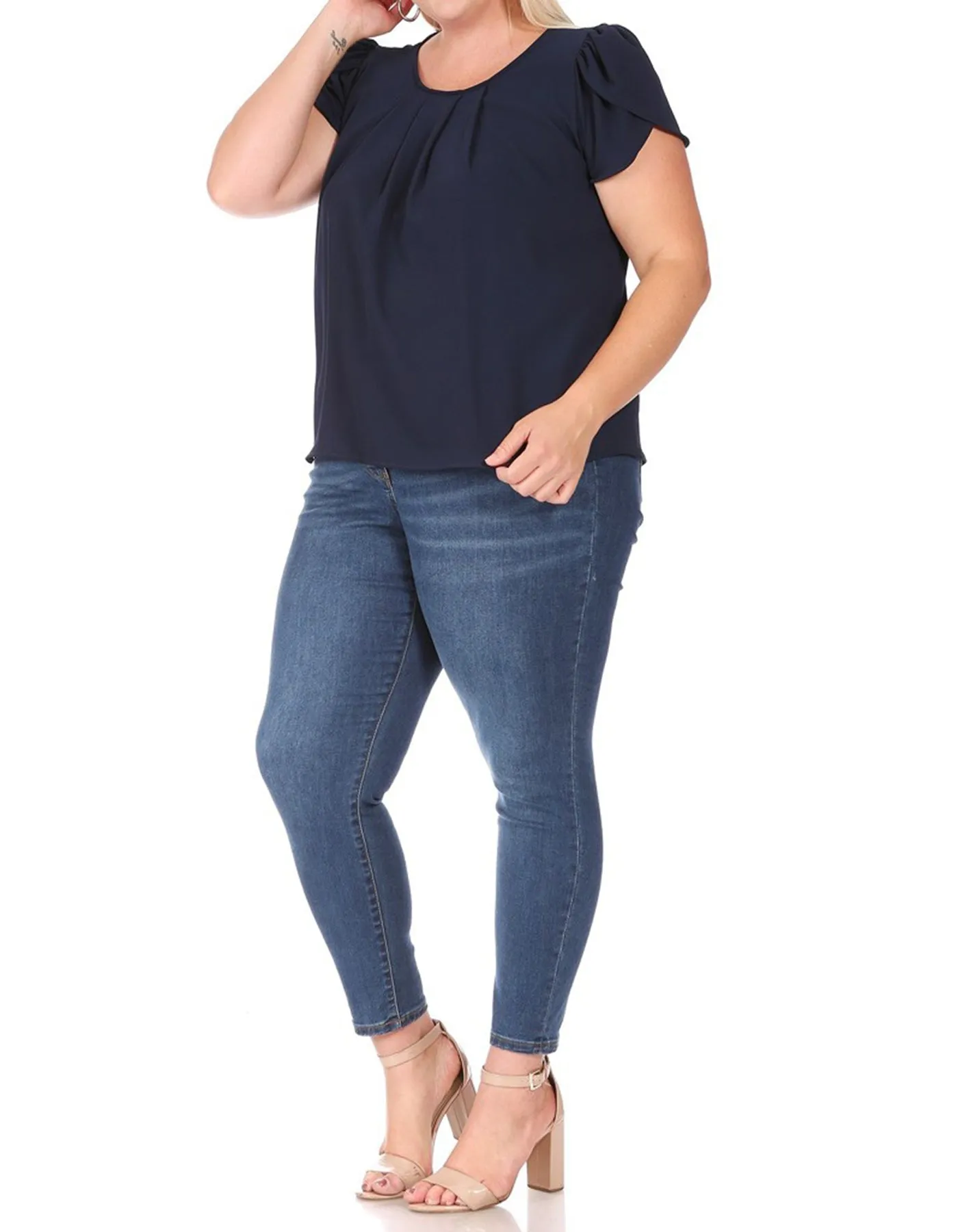Women's Plus Size Casual Solid Pleated Front Petal Cap Sleeve Round Neck Tee Blouse Top