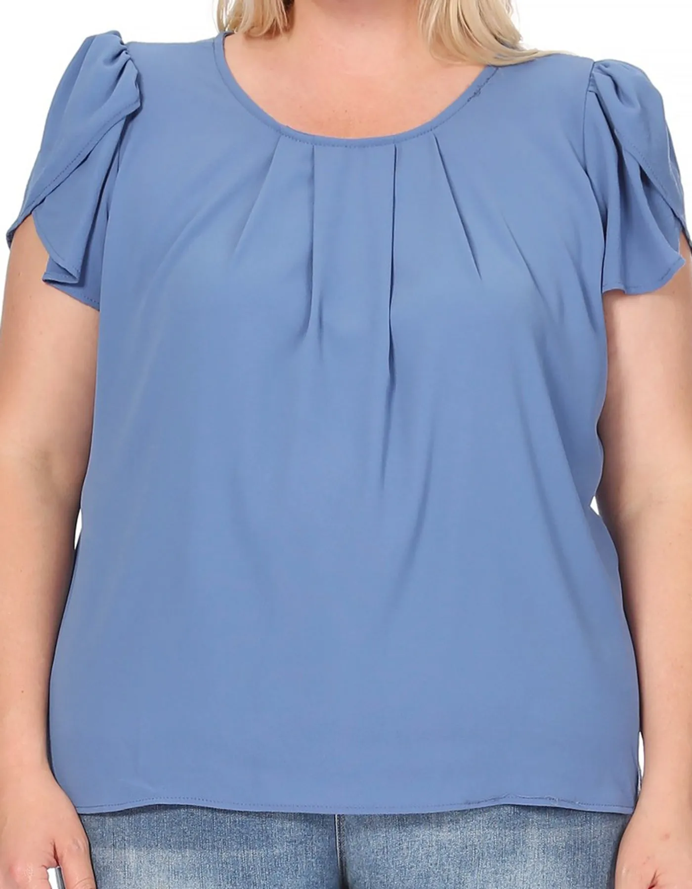 Women's Plus Size Casual Solid Pleated Front Petal Cap Sleeve Round Neck Tee Blouse Top