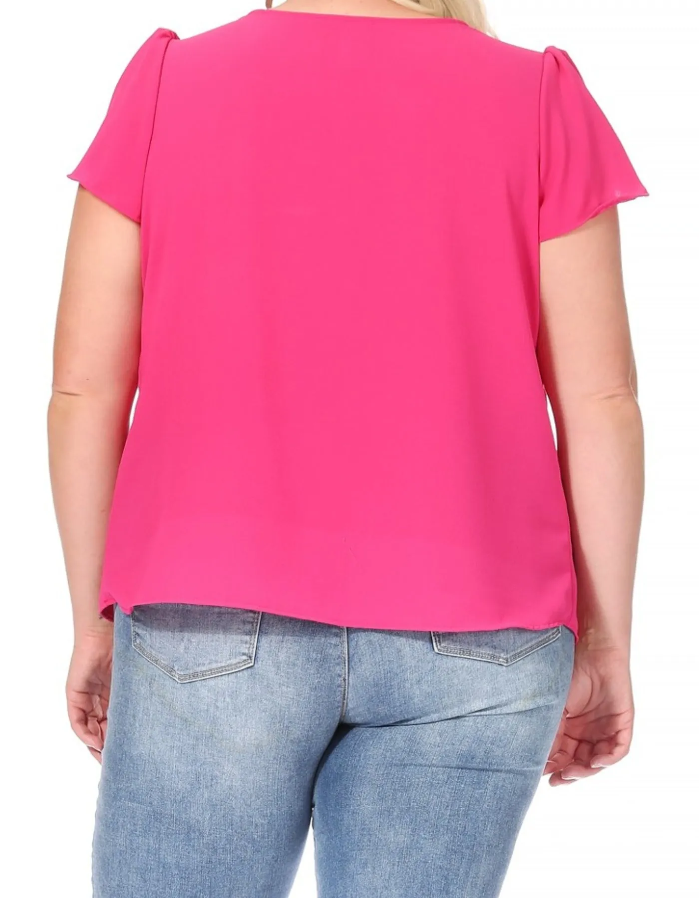 Women's Plus Size Casual Solid Pleated Front Petal Cap Sleeve Round Neck Tee Blouse Top