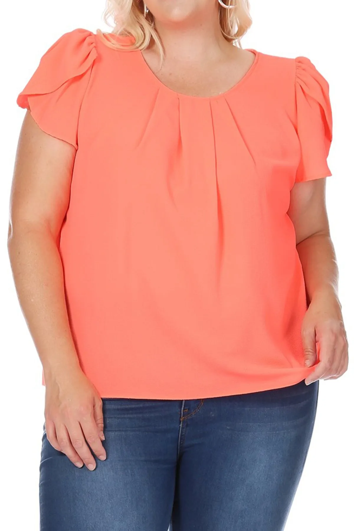 Women's Plus Size Casual Solid Pleated Front Petal Cap Sleeve Round Neck Tee Blouse Top