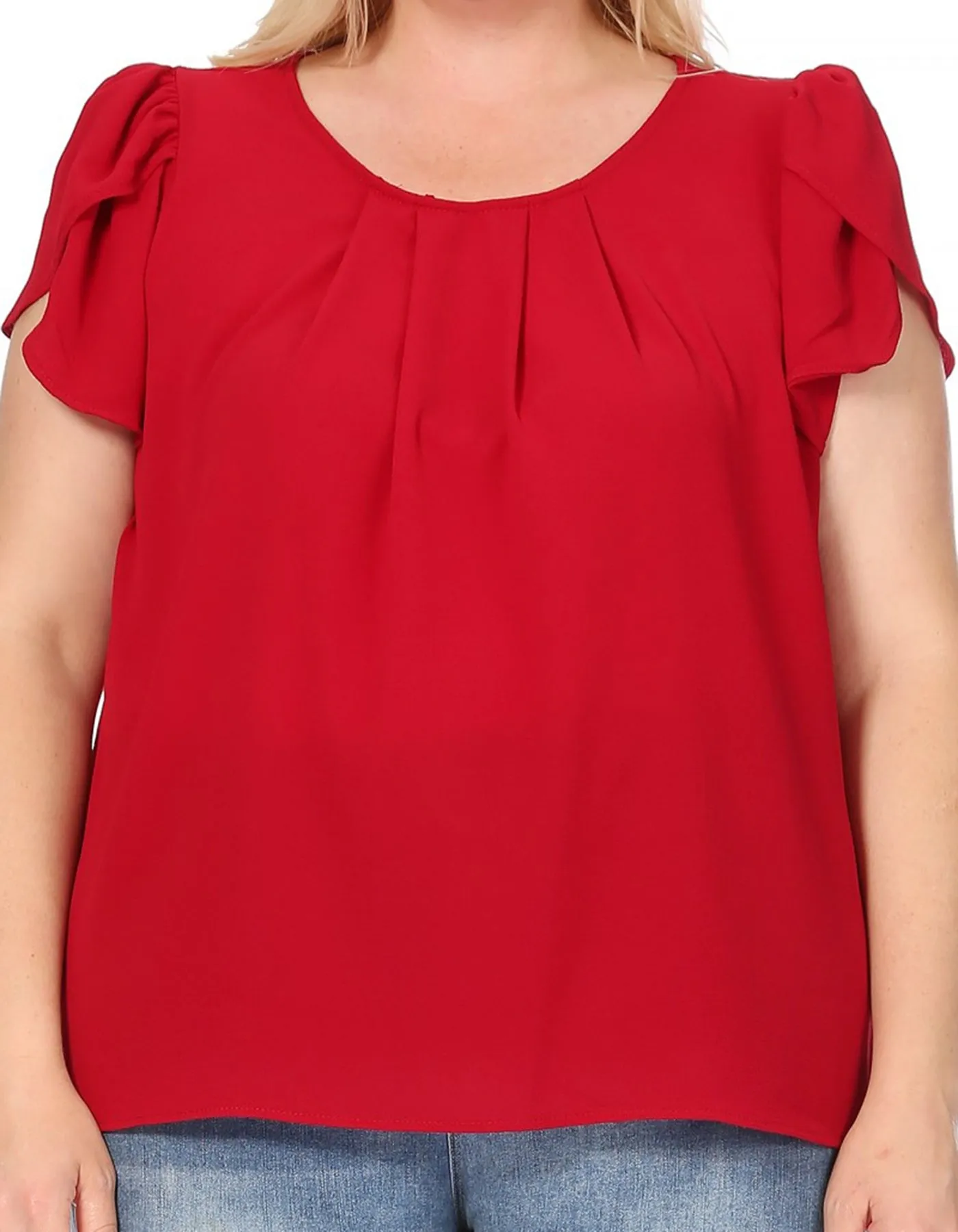 Women's Plus Size Casual Solid Pleated Front Petal Cap Sleeve Round Neck Tee Blouse Top