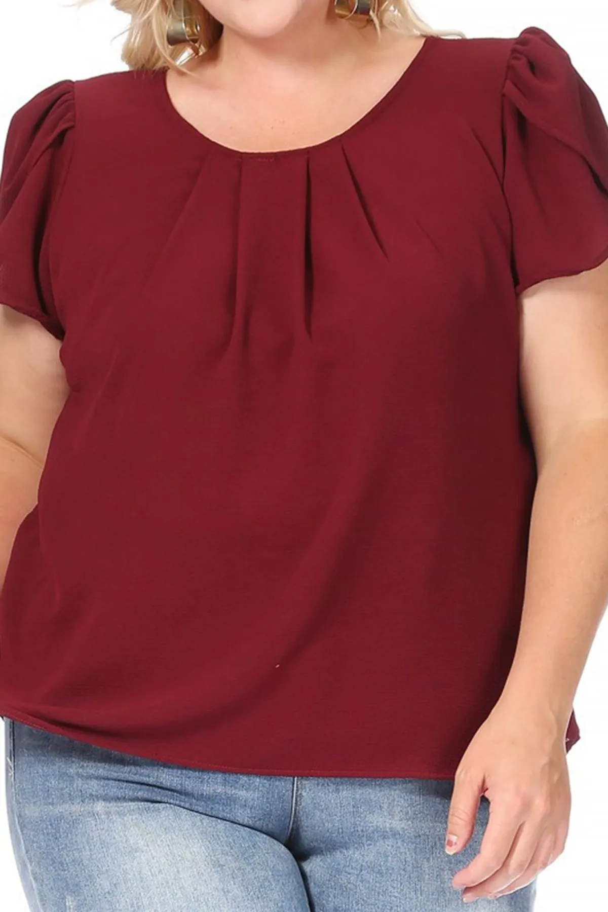 Women's Plus Size Casual Solid Pleated Front Petal Cap Sleeve Round Neck Tee Blouse Top