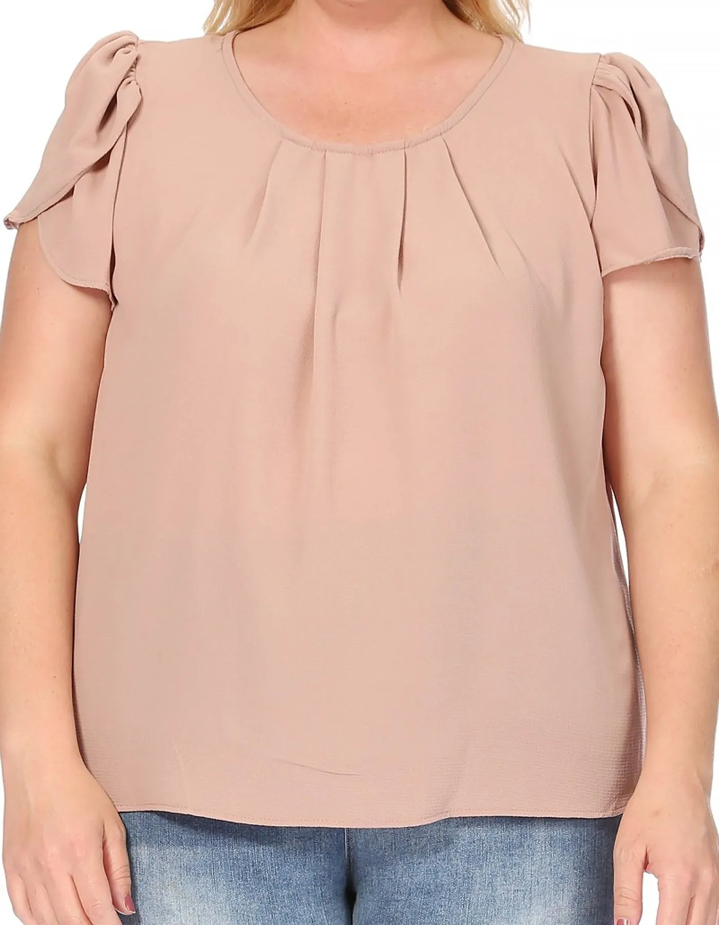 Women's Plus Size Casual Solid Pleated Front Petal Cap Sleeve Round Neck Tee Blouse Top