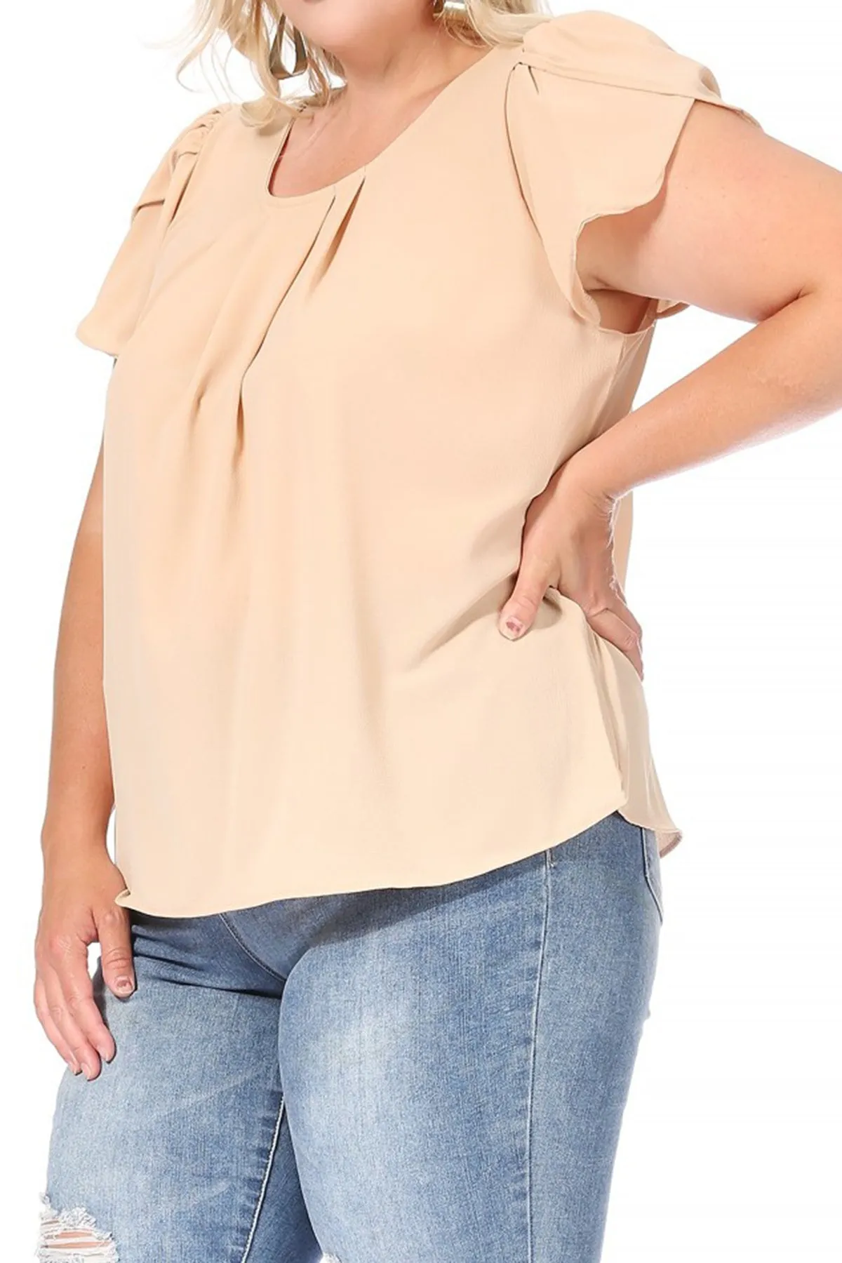 Women's Plus Size Casual Solid Pleated Front Petal Cap Sleeve Round Neck Tee Blouse Top