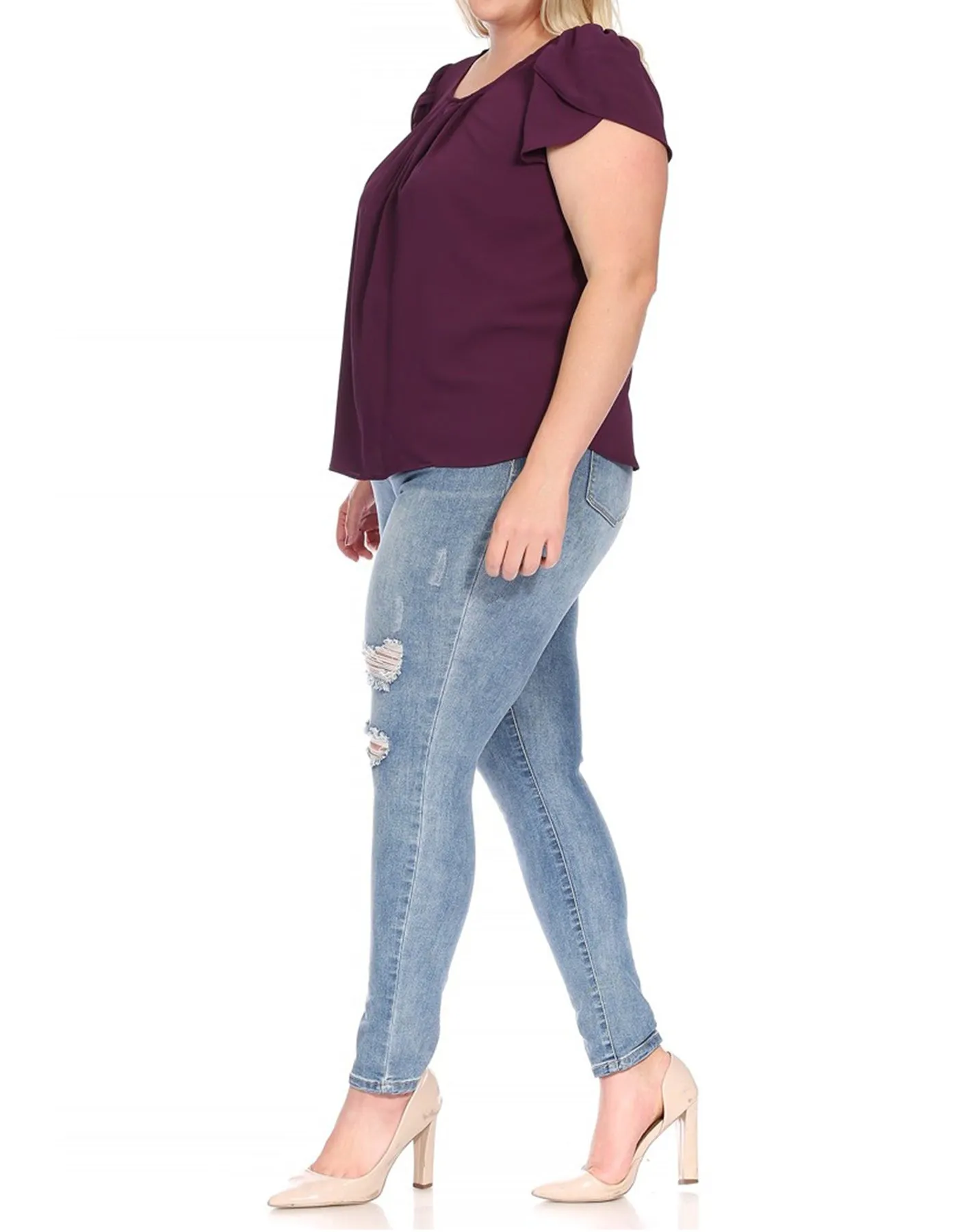 Women's Plus Size Casual Solid Pleated Front Petal Cap Sleeve Round Neck Tee Blouse Top