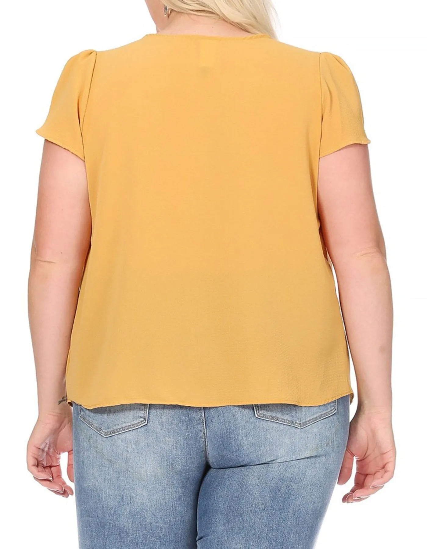 Women's Plus Size Casual Solid Pleated Front Petal Cap Sleeve Round Neck Tee Blouse Top