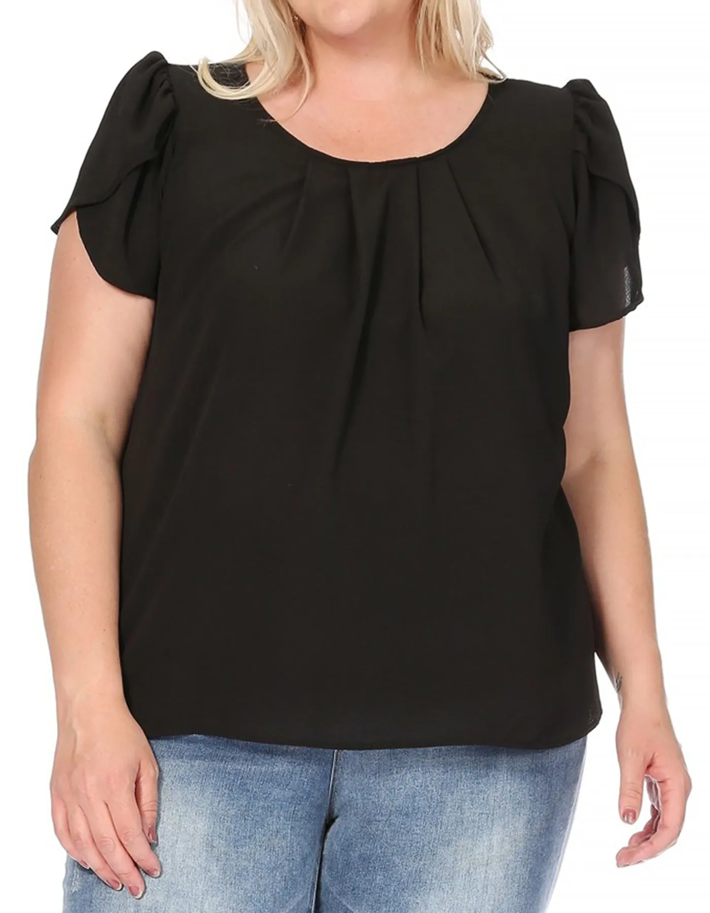 Women's Plus Size Casual Solid Pleated Front Petal Cap Sleeve Round Neck Tee Blouse Top