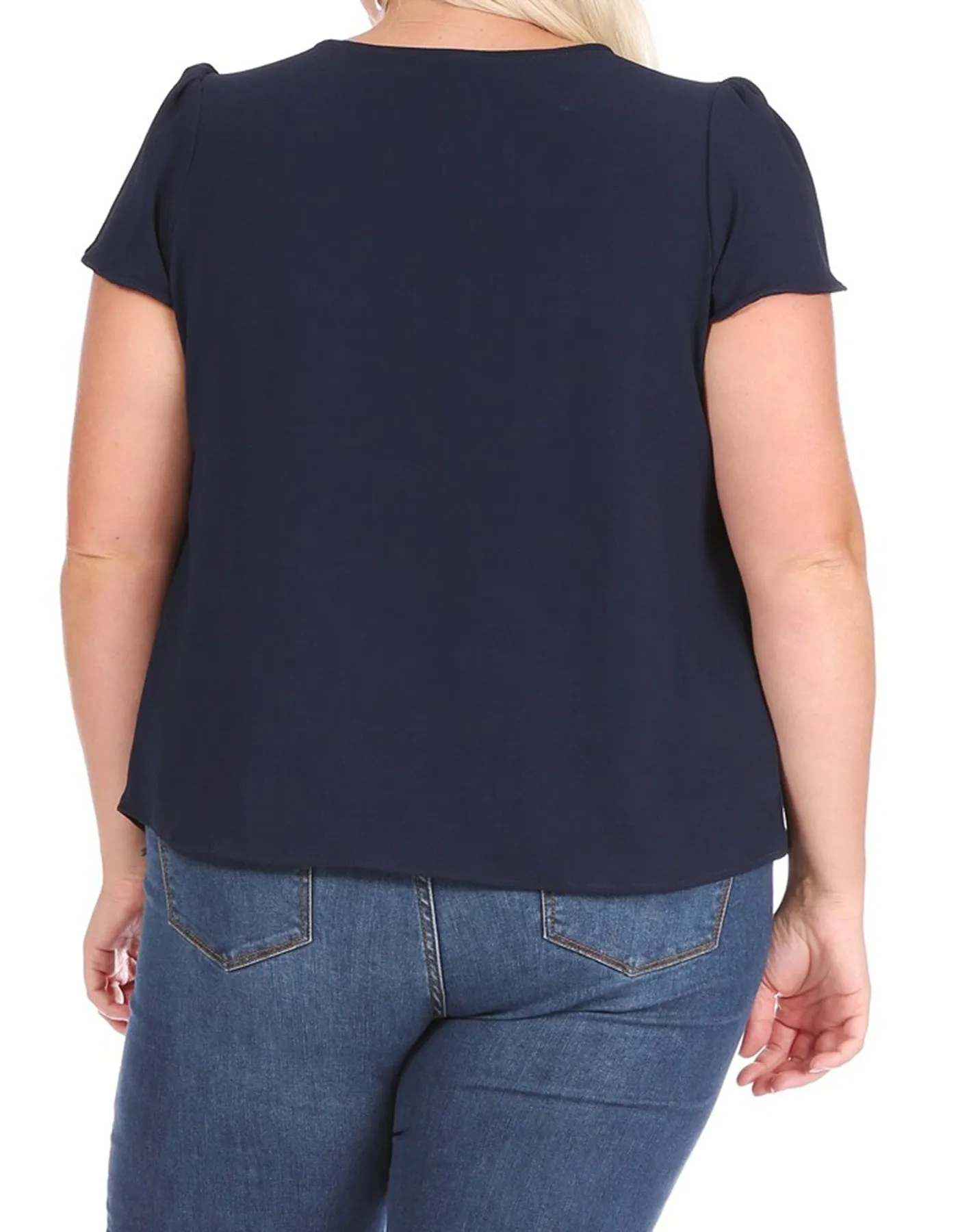 Women's Plus Size Casual Solid Pleated Front Petal Cap Sleeve Round Neck Tee Blouse Top