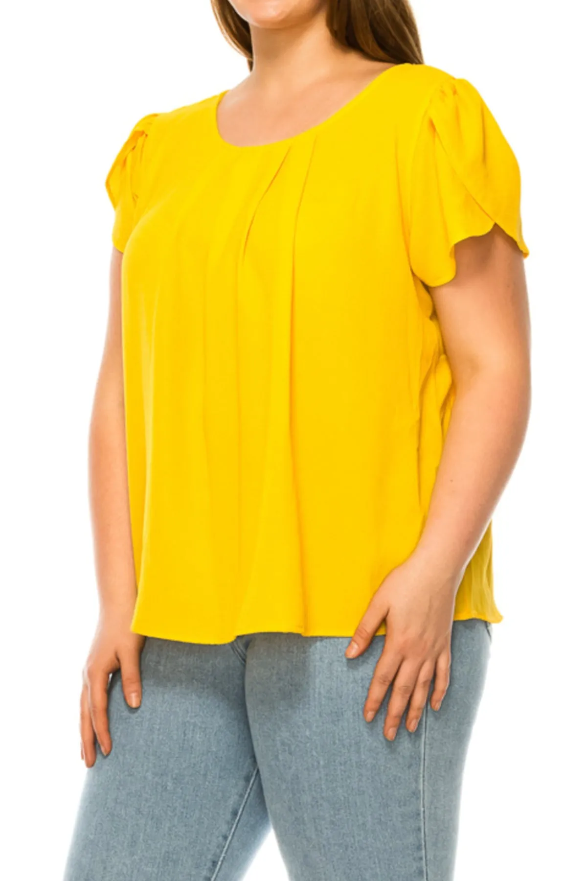 Women's Plus Size Casual Solid Pleated Front Petal Cap Sleeve Round Neck Tee Blouse Top