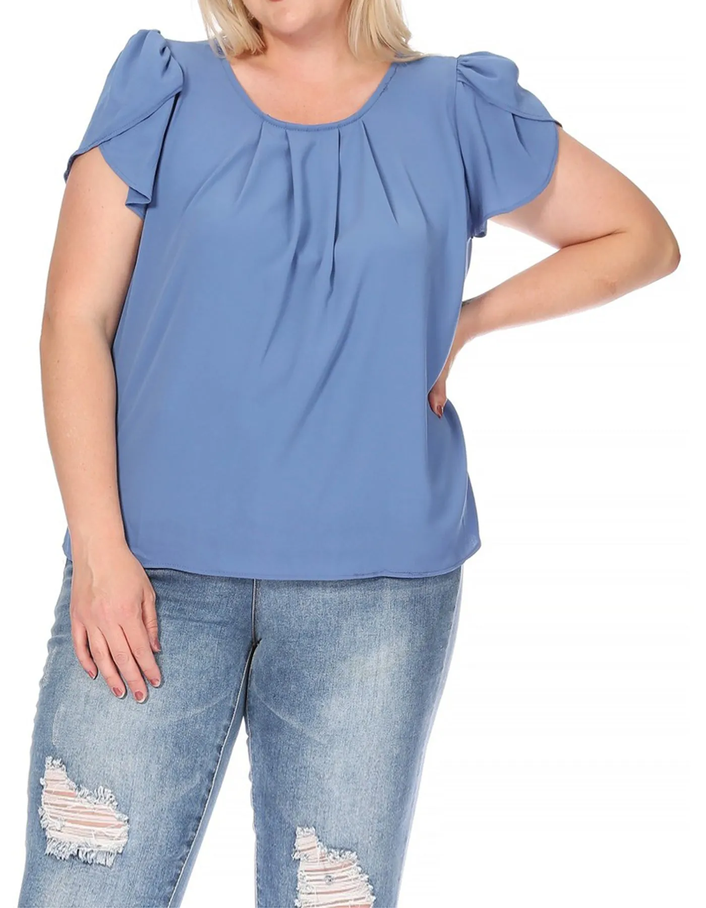 Women's Plus Size Casual Solid Pleated Front Petal Cap Sleeve Round Neck Tee Blouse Top