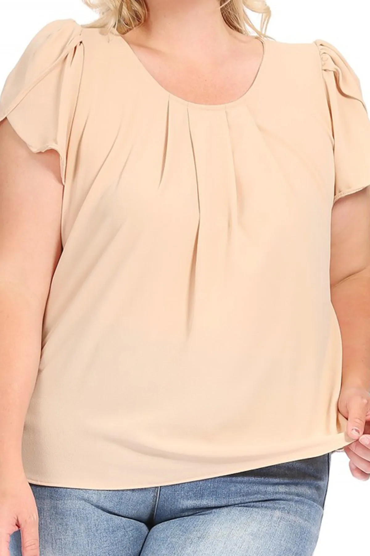 Women's Plus Size Casual Solid Pleated Front Petal Cap Sleeve Round Neck Tee Blouse Top