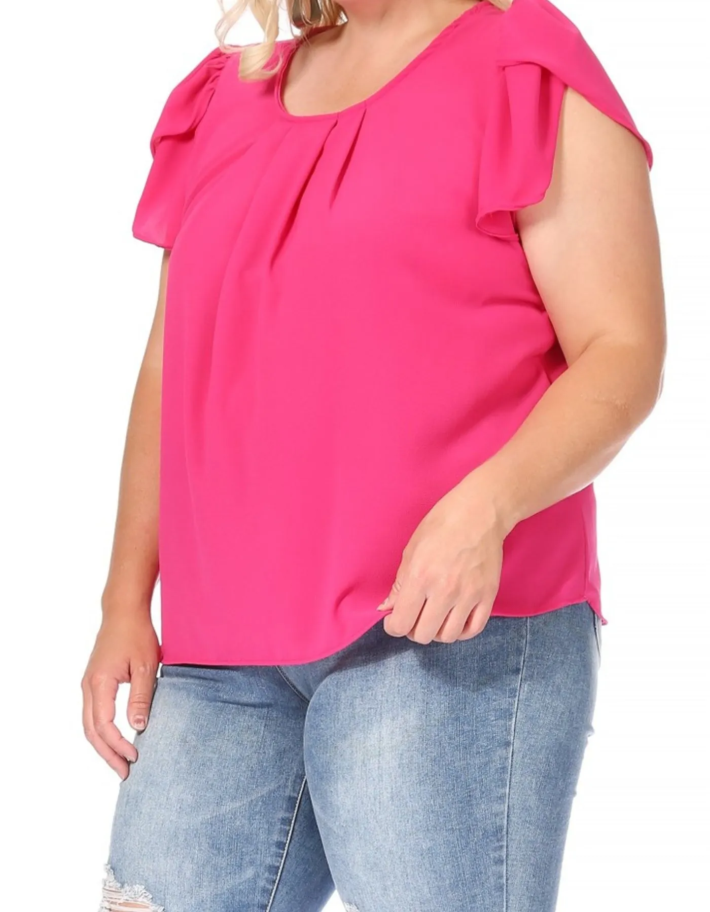 Women's Plus Size Casual Solid Pleated Front Petal Cap Sleeve Round Neck Tee Blouse Top