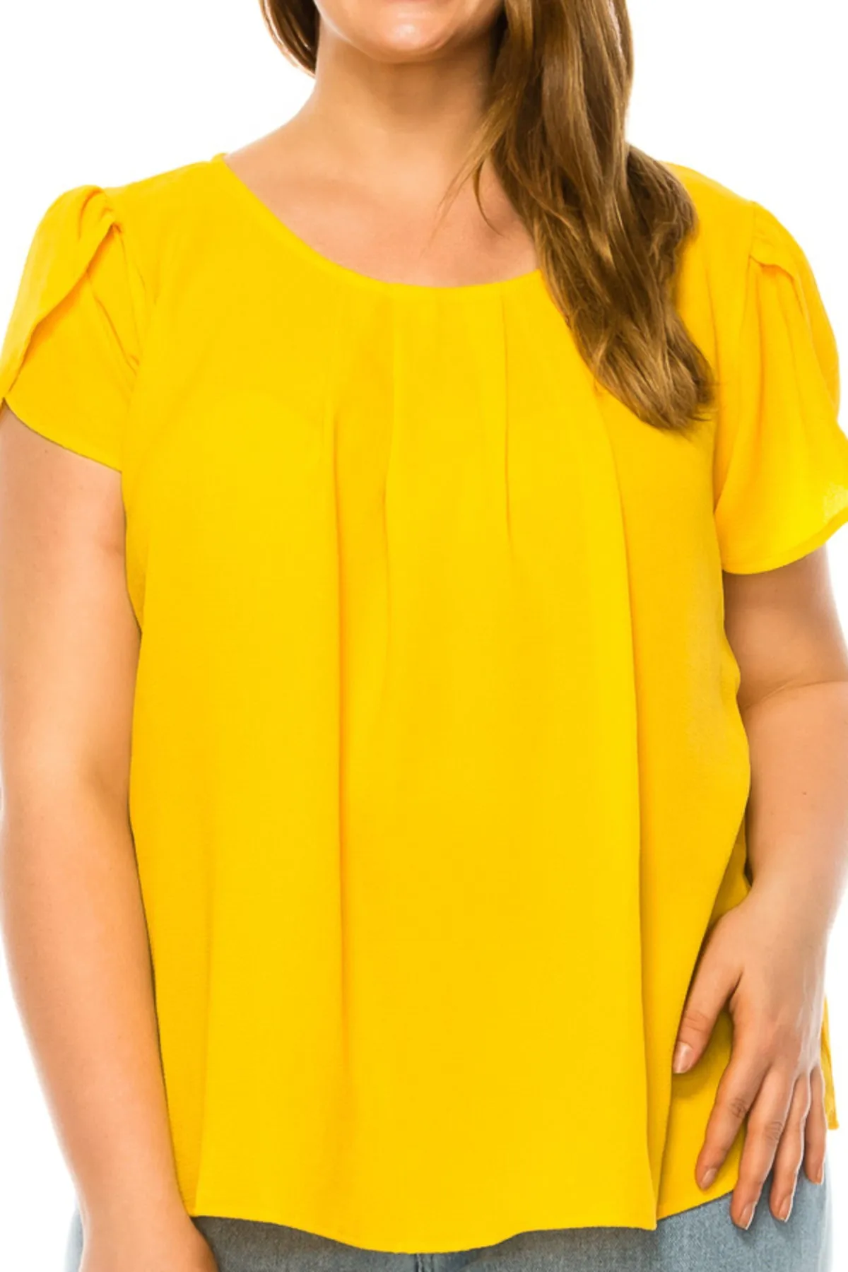 Women's Plus Size Casual Solid Pleated Front Petal Cap Sleeve Round Neck Tee Blouse Top