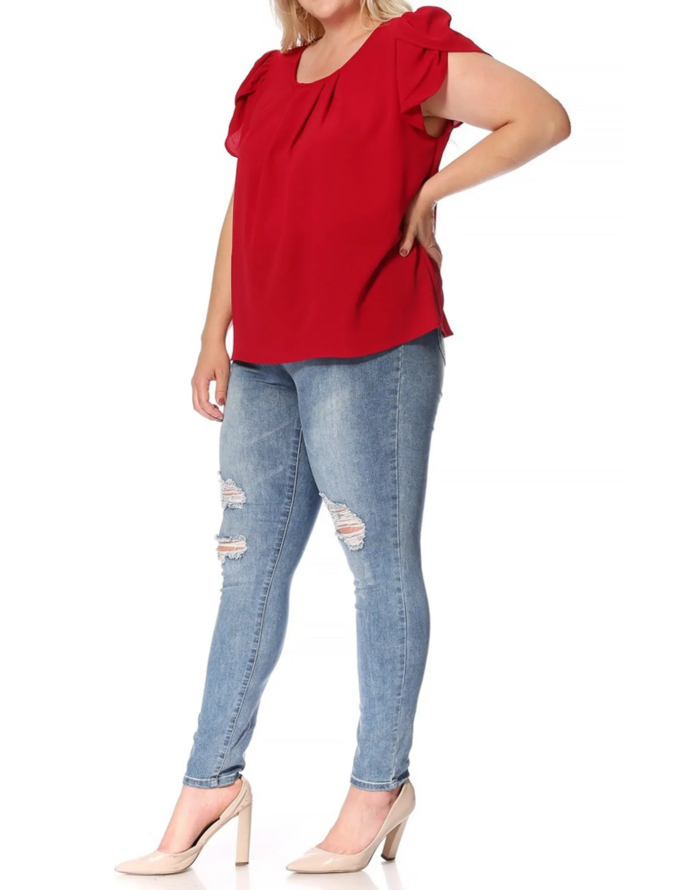 Women's Plus Size Casual Solid Pleated Front Petal Cap Sleeve Round Neck Tee Blouse Top