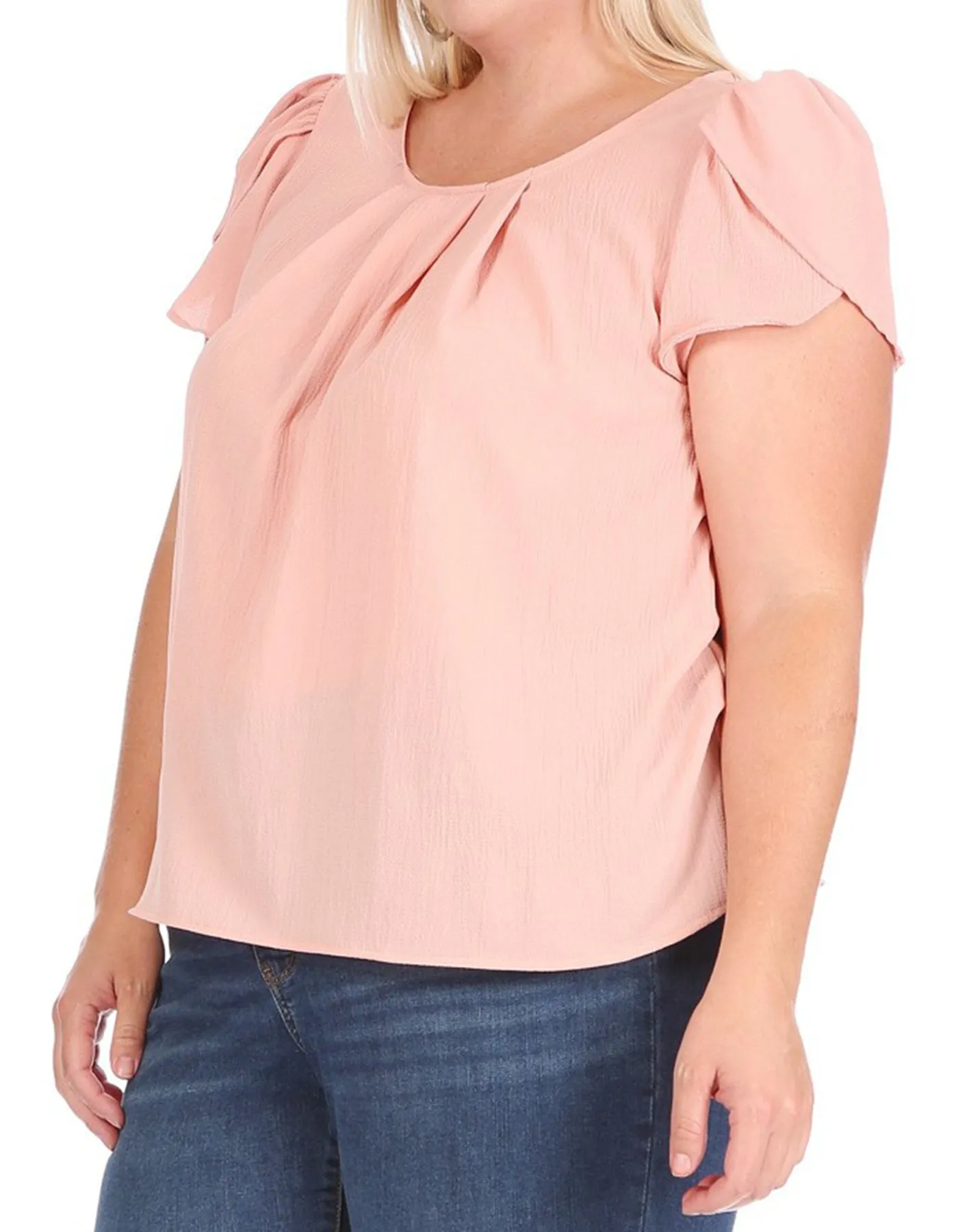 Women's Plus Size Casual Solid Pleated Front Petal Cap Sleeve Round Neck Tee Blouse Top