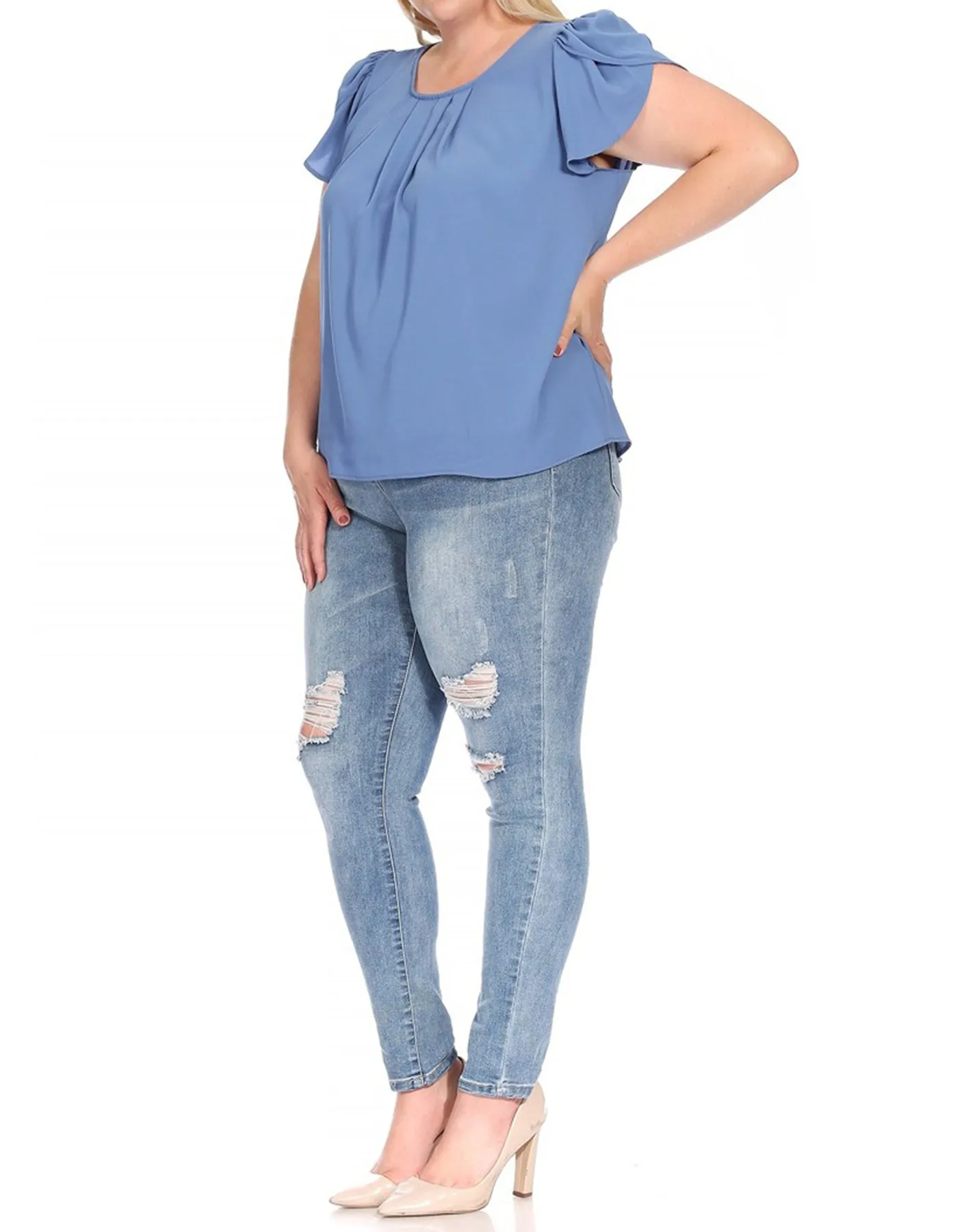 Women's Plus Size Casual Solid Pleated Front Petal Cap Sleeve Round Neck Tee Blouse Top