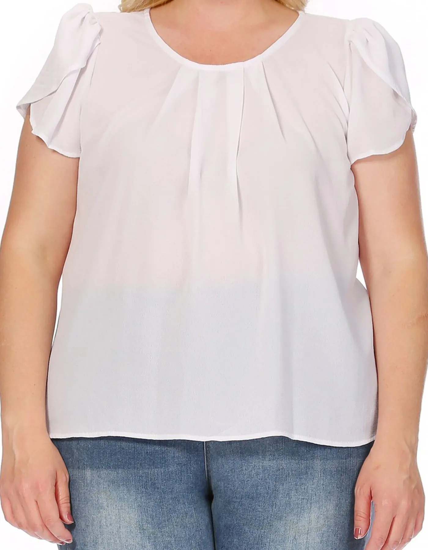 Women's Plus Size Casual Solid Pleated Front Petal Cap Sleeve Round Neck Tee Blouse Top