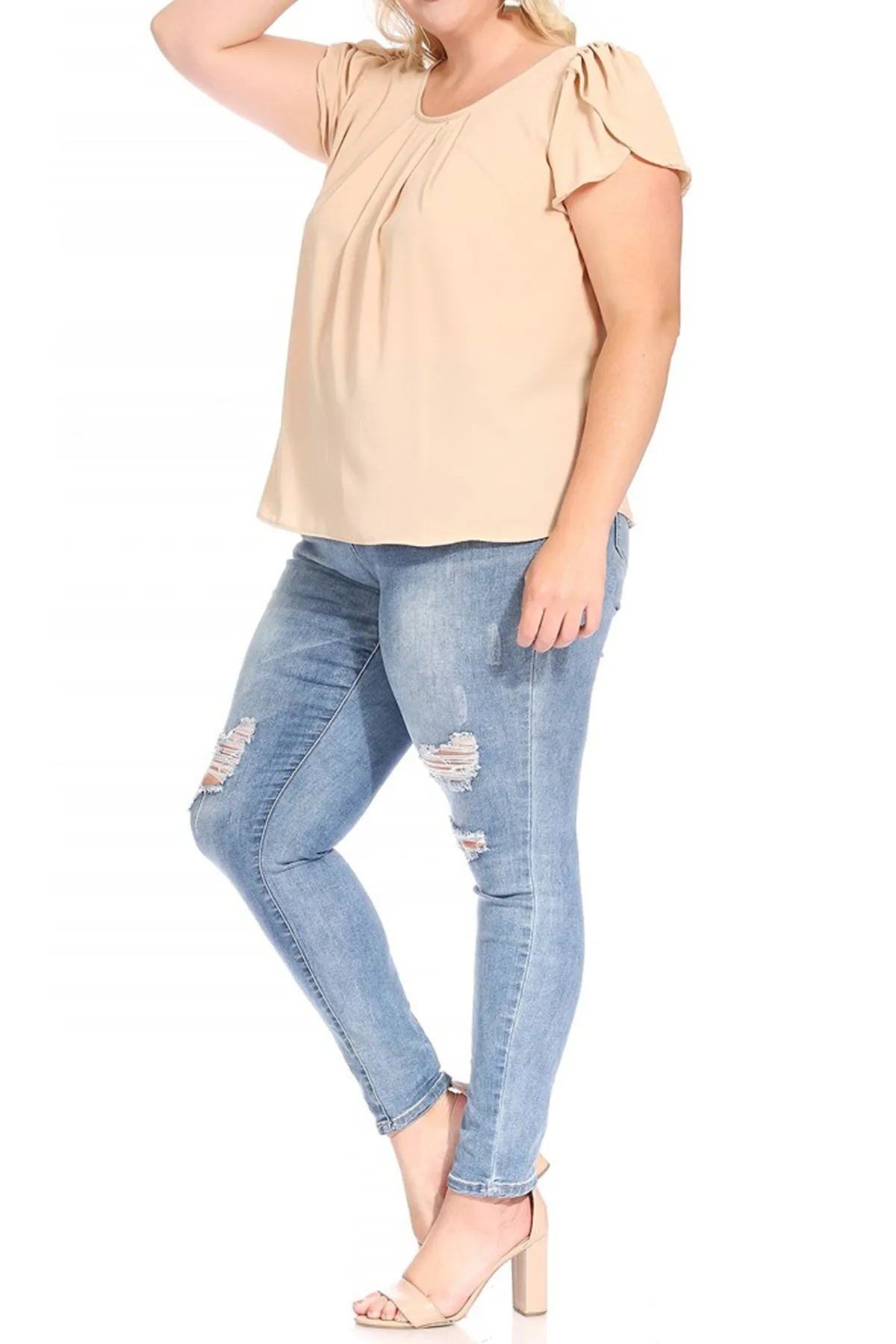 Women's Plus Size Casual Solid Pleated Front Petal Cap Sleeve Round Neck Tee Blouse Top