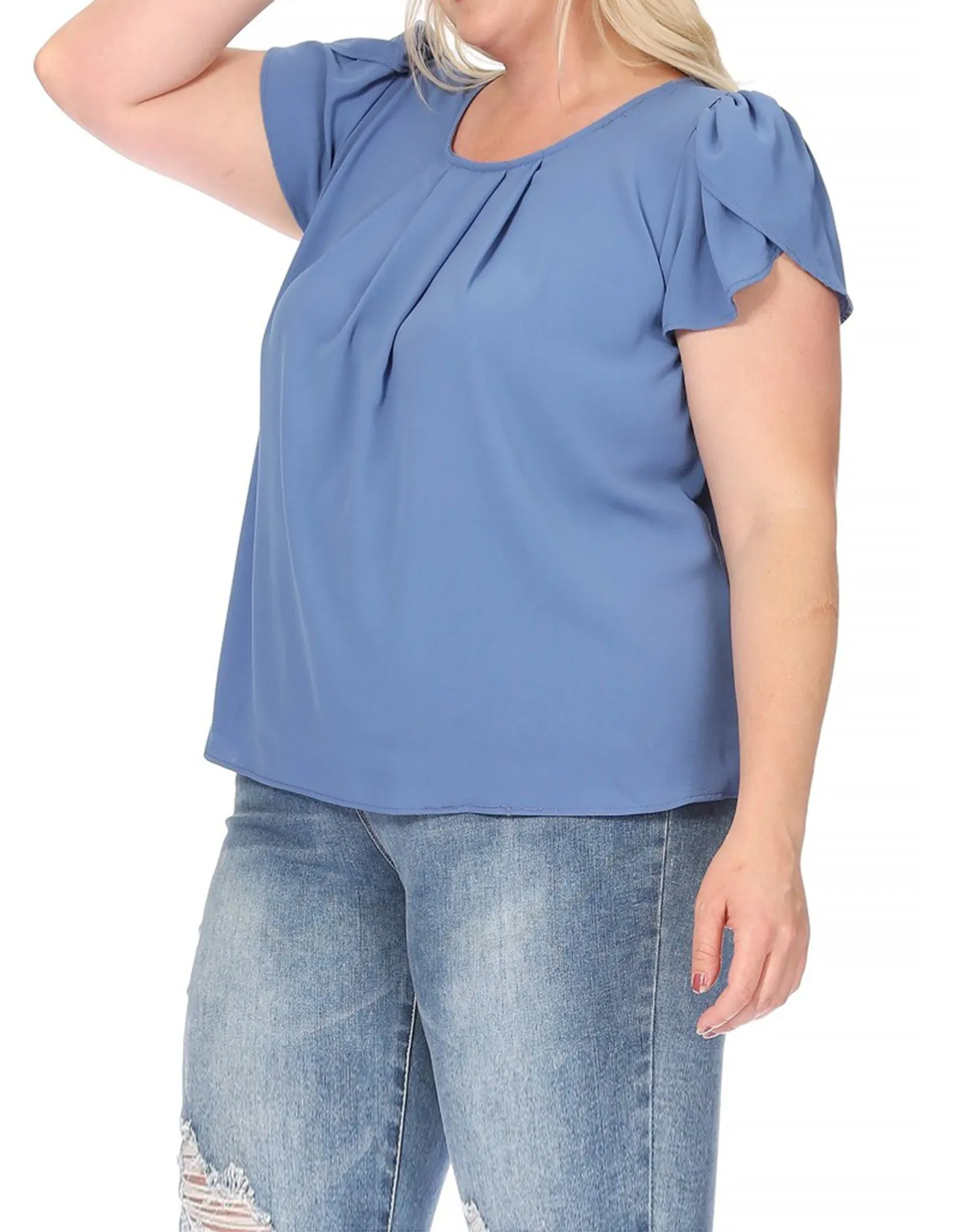 Women's Plus Size Casual Solid Pleated Front Petal Cap Sleeve Round Neck Tee Blouse Top