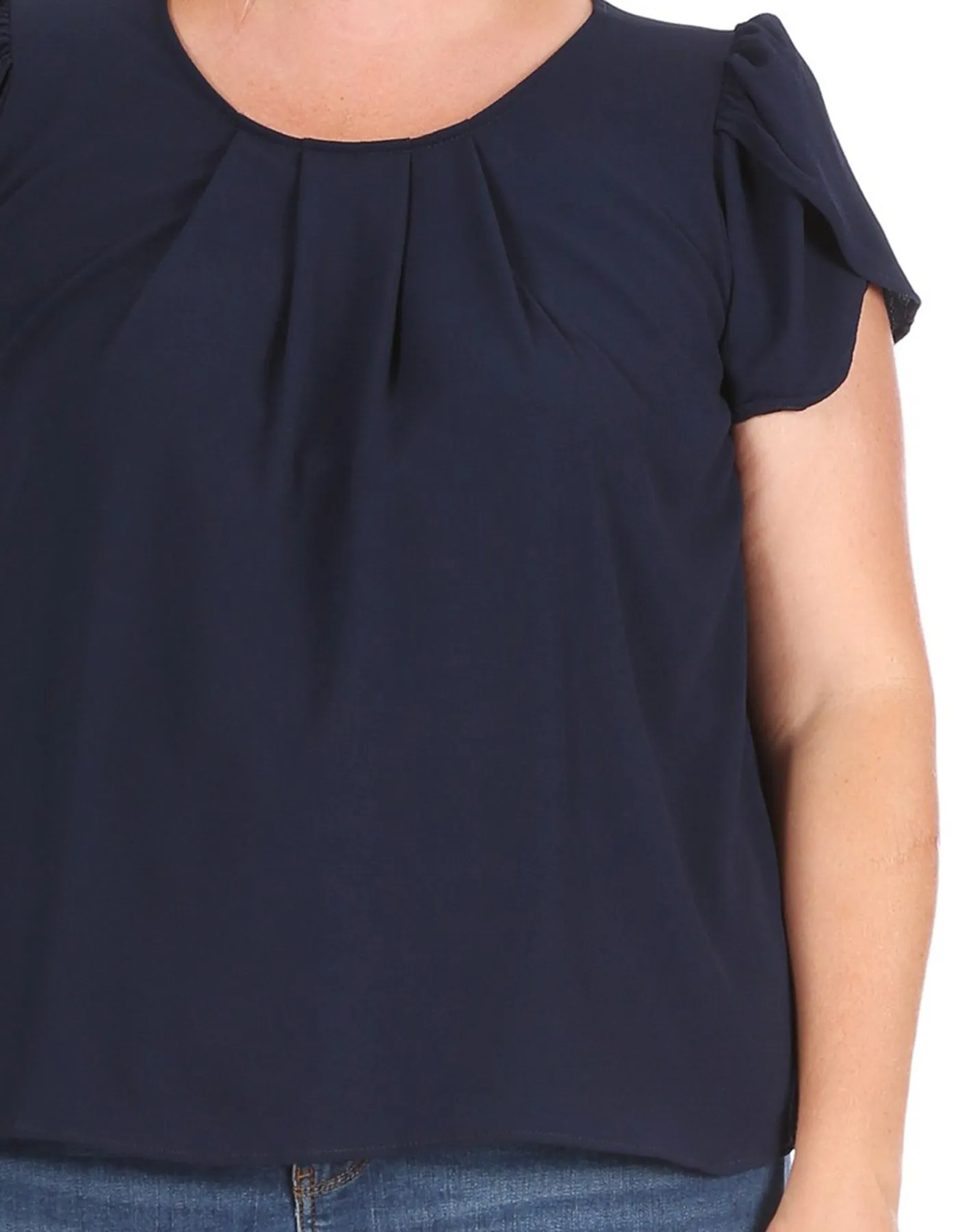 Women's Plus Size Casual Solid Pleated Front Petal Cap Sleeve Round Neck Tee Blouse Top