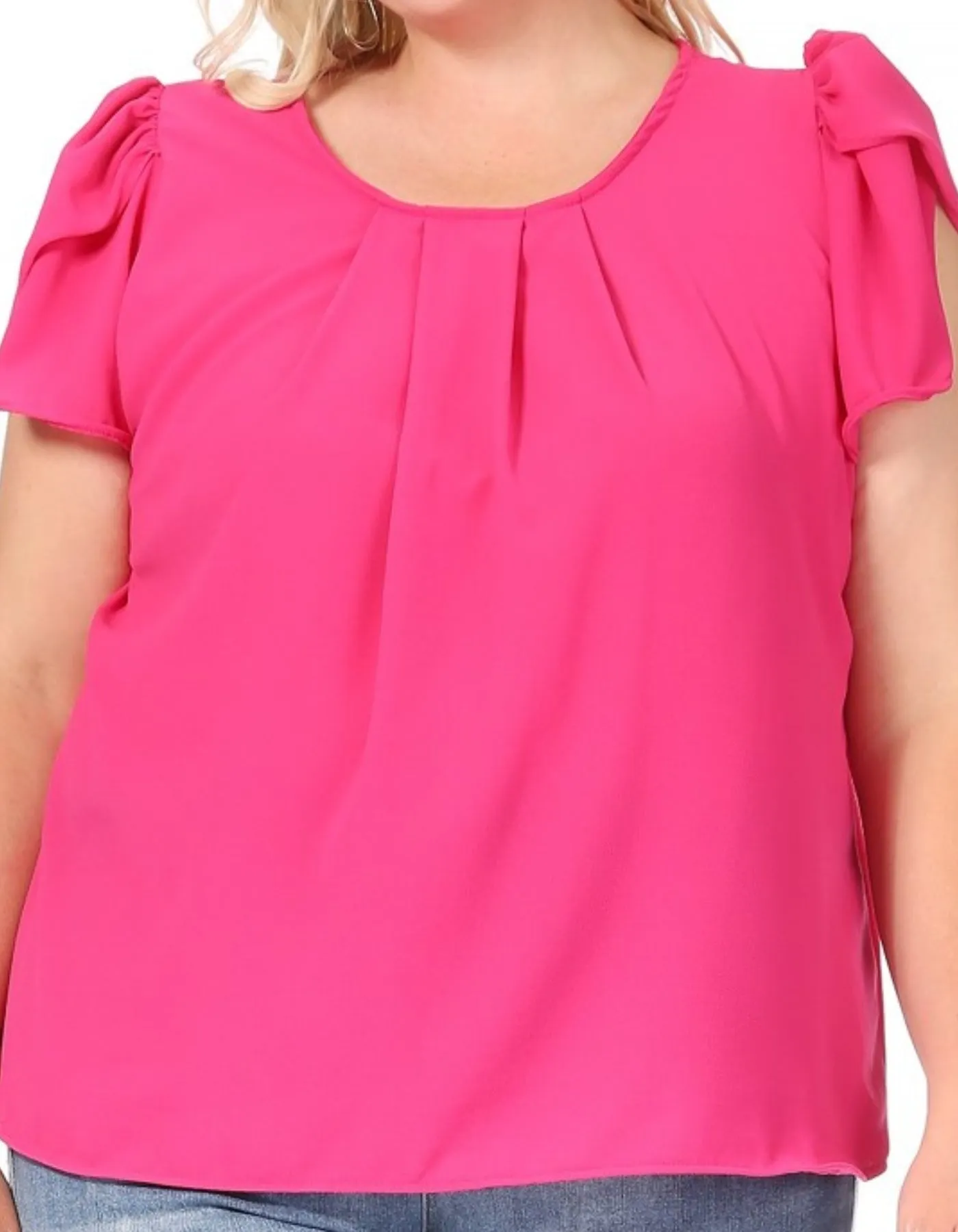 Women's Plus Size Casual Solid Pleated Front Petal Cap Sleeve Round Neck Tee Blouse Top