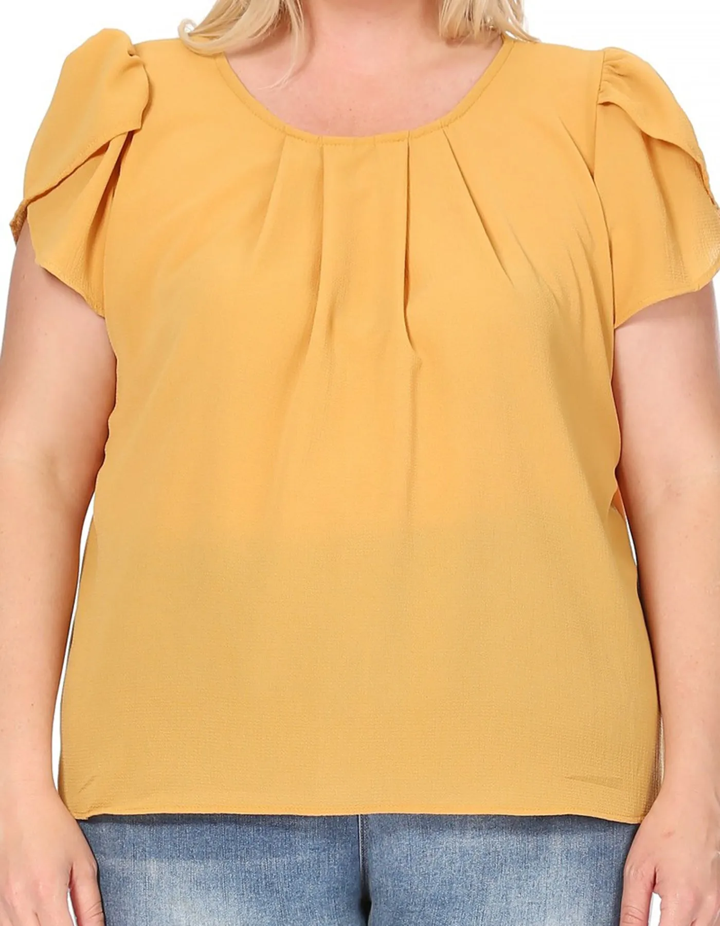 Women's Plus Size Casual Solid Pleated Front Petal Cap Sleeve Round Neck Tee Blouse Top