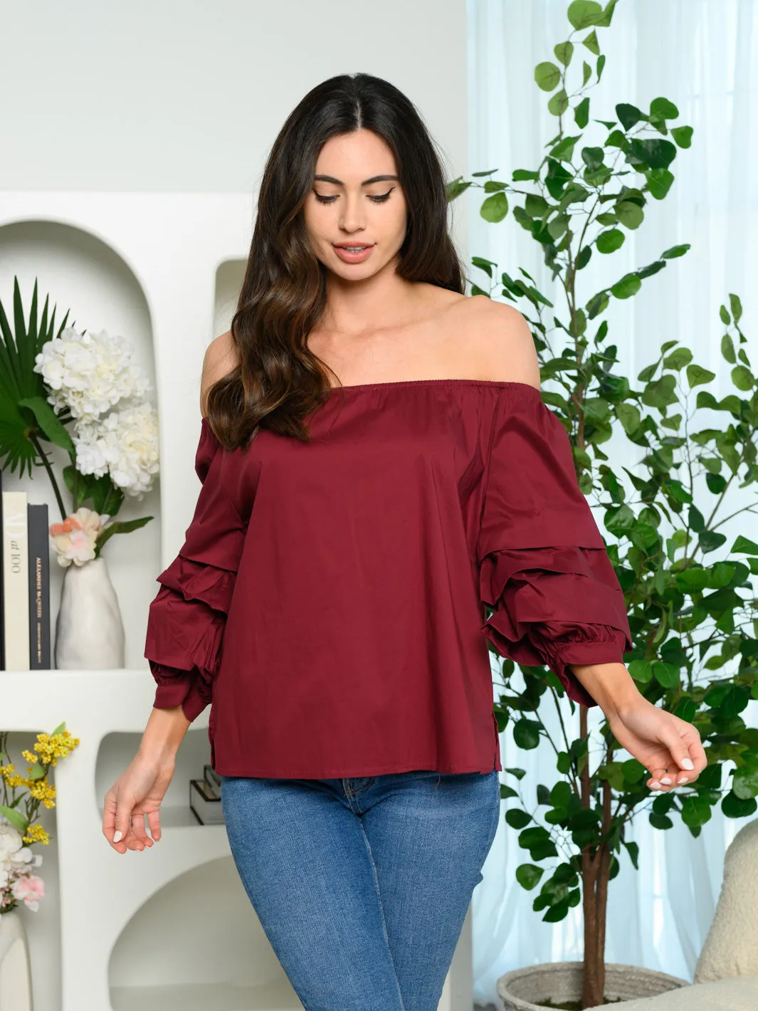 WOMEN'S RUFFLE LONG SLEEVE OFF SHOULDER TOP