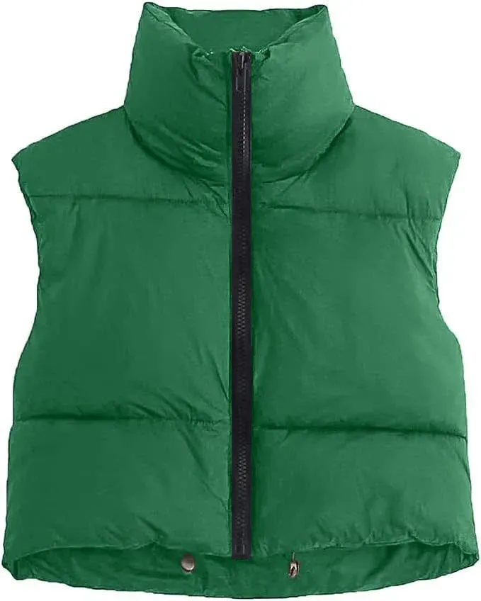 Women's Short Cotton Down Vest Short Stand-up Collar Warm Sleeveless Quilted Vest Outdoor Travel Jacket Tops