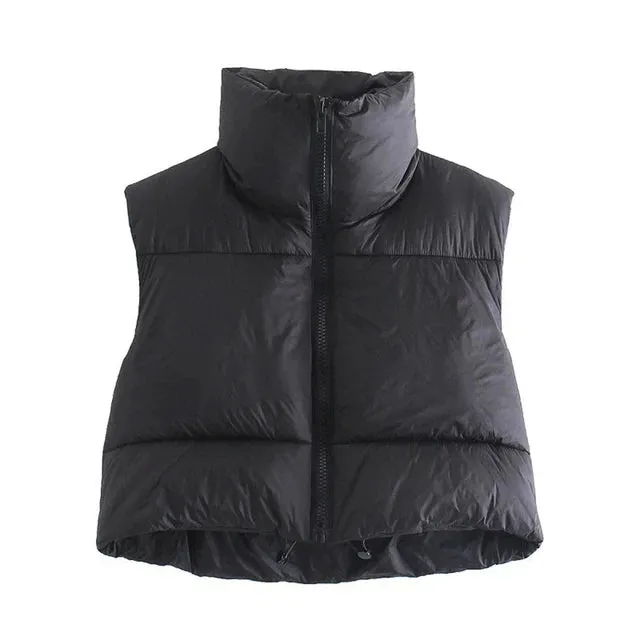 Women's Short Cotton Down Vest Short Stand-up Collar Warm Sleeveless Quilted Vest Outdoor Travel Jacket Tops