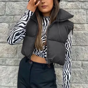 Women's Short Cotton Down Vest Short Stand-up Collar Warm Sleeveless Quilted Vest Outdoor Travel Jacket Tops
