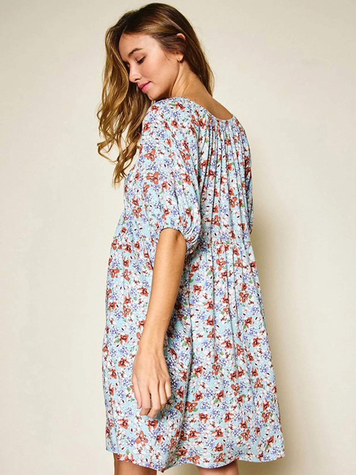 WOMEN'S SHORT PUFF SLEEVE FLORAL TUNIC MINI DRESS
