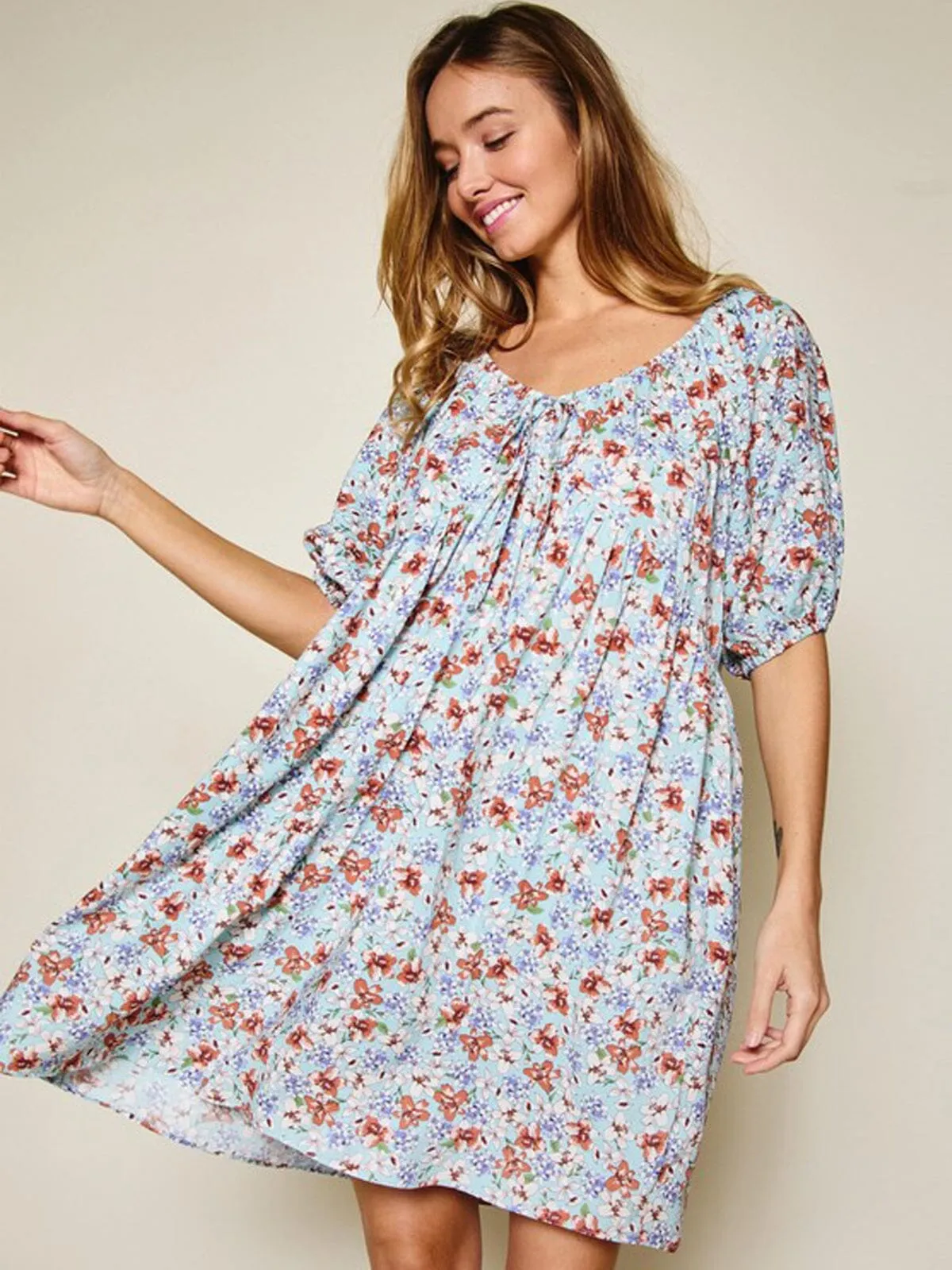 WOMEN'S SHORT PUFF SLEEVE FLORAL TUNIC MINI DRESS