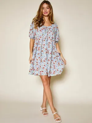 WOMEN'S SHORT PUFF SLEEVE FLORAL TUNIC MINI DRESS