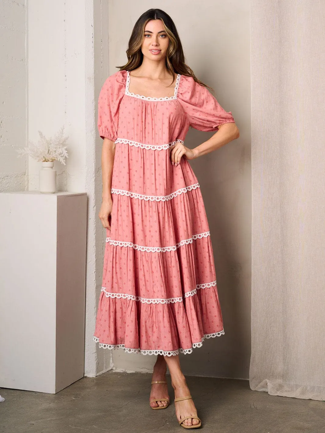 WOMEN'S SHORT PUFF SLEEVE SQUARE NECK SWISS DOTS MAXI TIERED DRESS