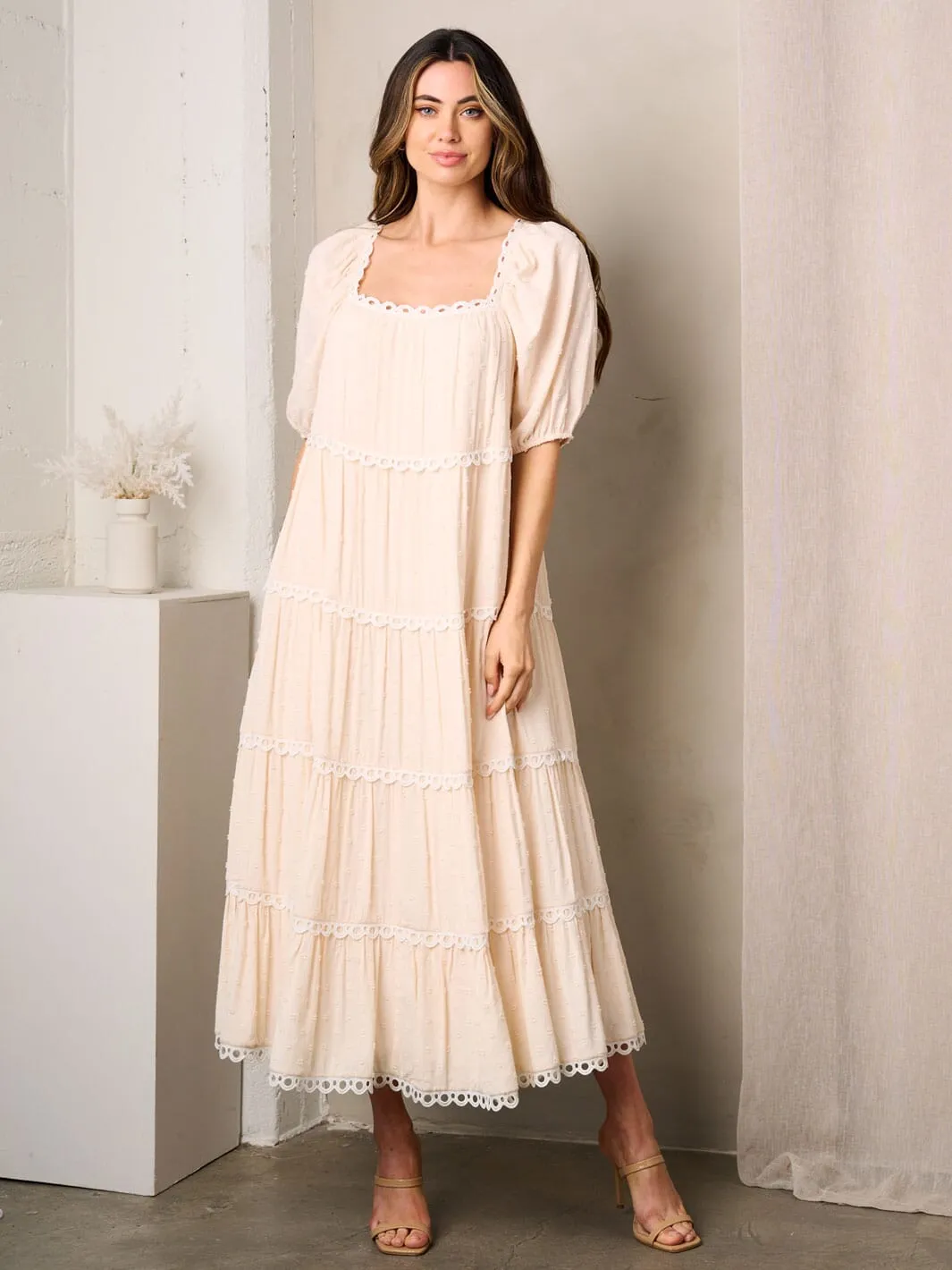 WOMEN'S SHORT PUFF SLEEVE SQUARE NECK SWISS DOTS MAXI TIERED DRESS