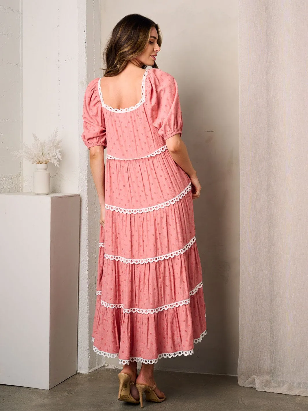 WOMEN'S SHORT PUFF SLEEVE SQUARE NECK SWISS DOTS MAXI TIERED DRESS